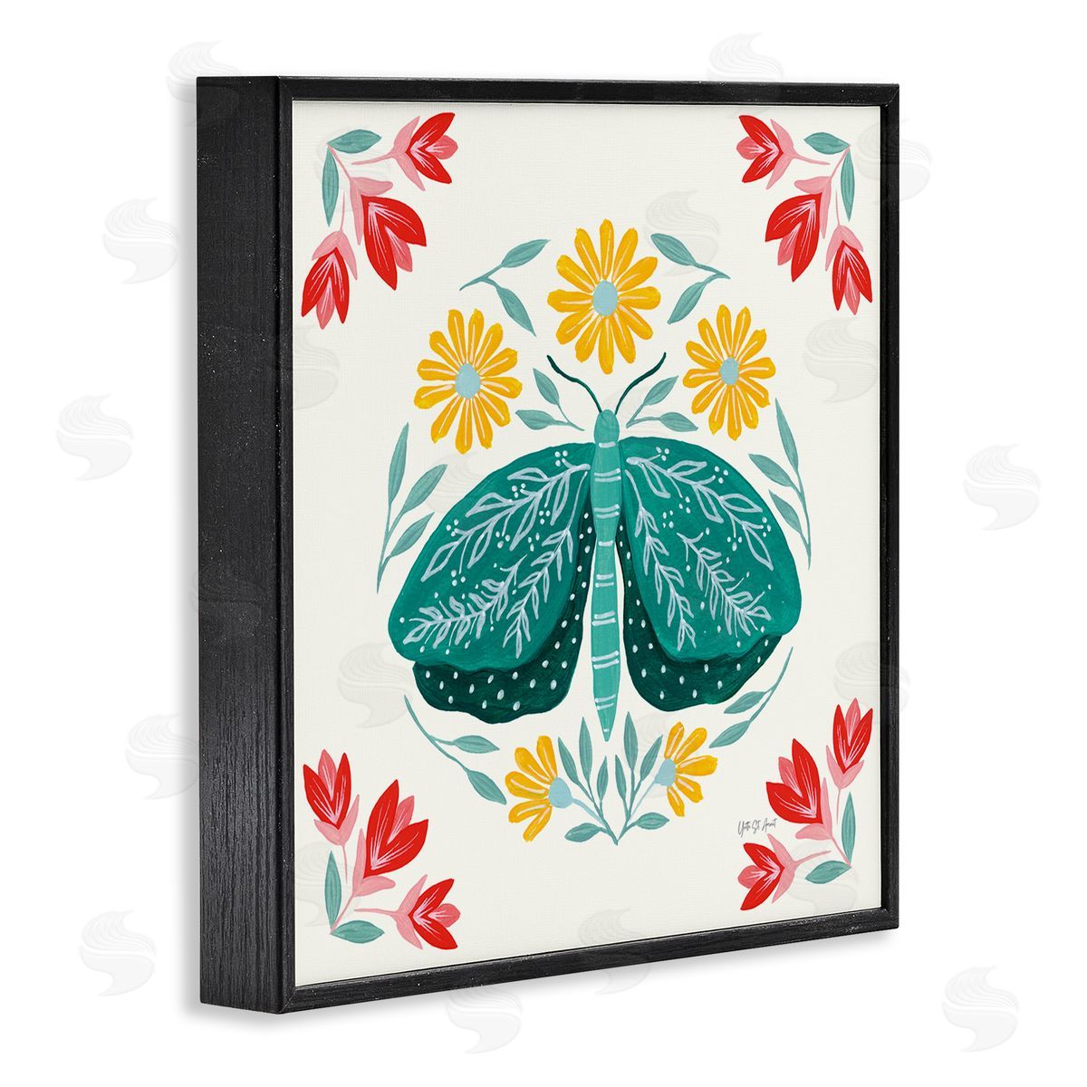Green Folk Butterfly Black Frame Print Wall Art, Home Decor by Yvette St. Amant