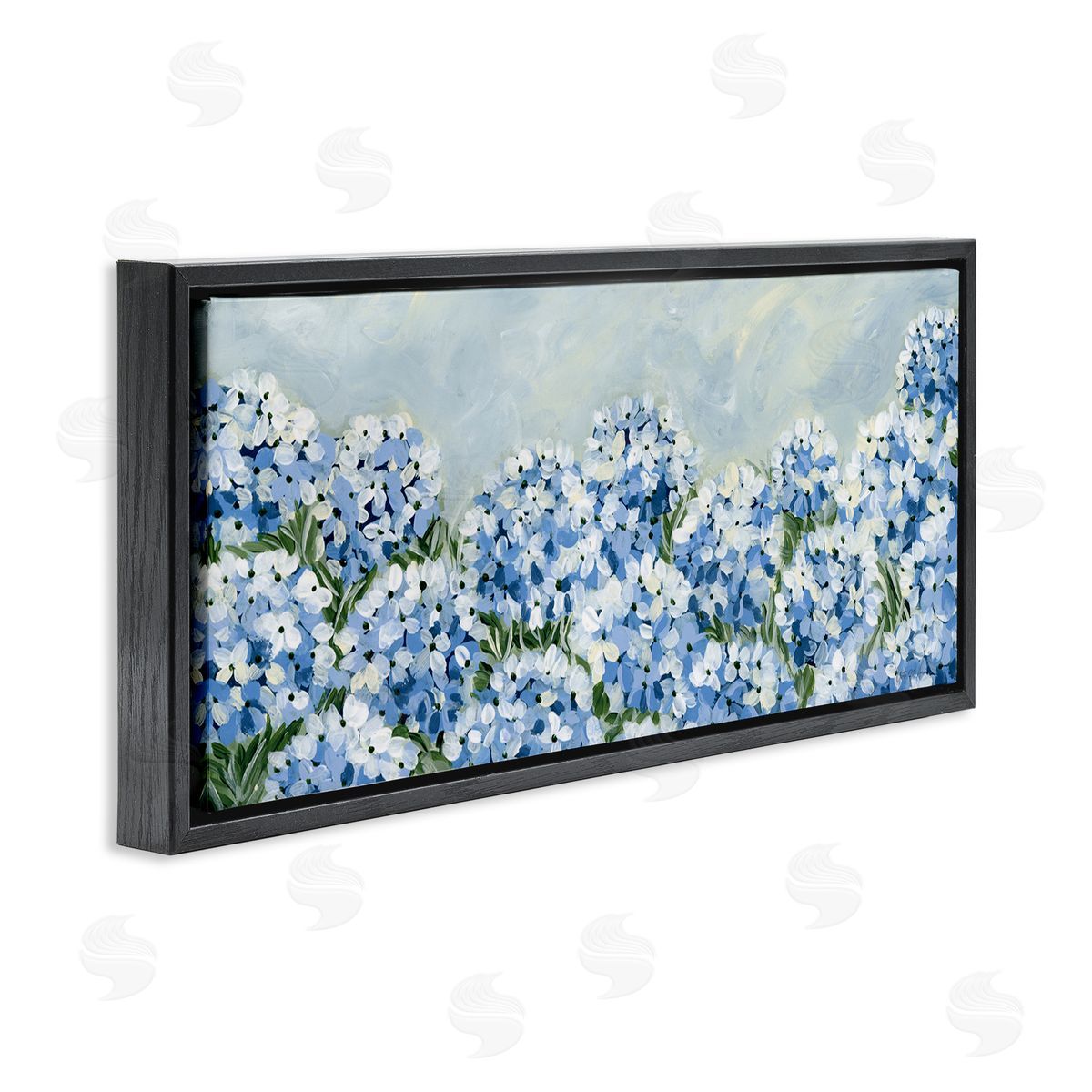 Blue Hydrangea Meadow Black Floating Frame Canvas Wall Art, Home Decor by Yvette St. Amant