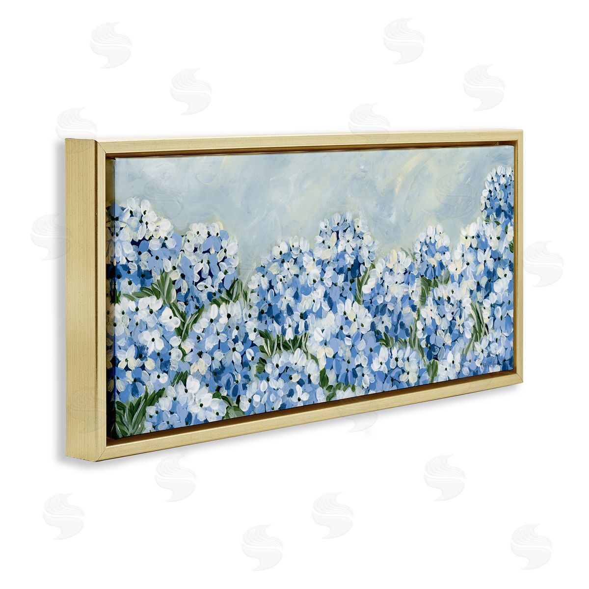 Blue Hydrangea Meadow Gold Floating Frame Canvas Wall Art, Home Decor by Yvette St. Amant