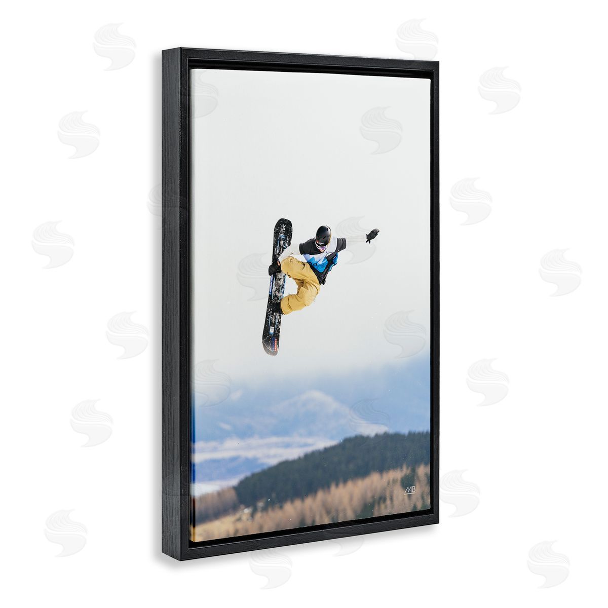 Catching Air Snowboarder Black Floating Frame Canvas Wall Art, Home Decor by Max Blakesberg Studios
