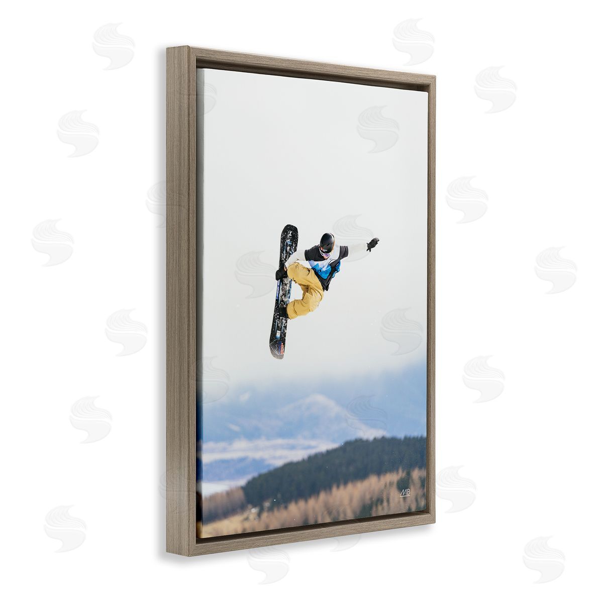 Catching Air Snowboarder Brown Floating Frame Canvas Wall Art, Home Decor by Max Blakesberg Studios