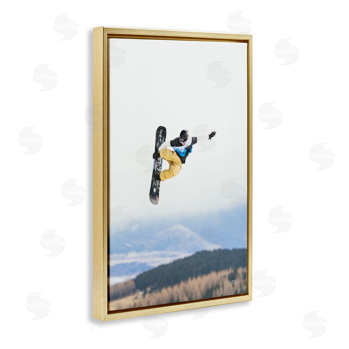 Catching Air Snowboarder Gold Floating Frame Canvas Wall Art, Home Decor by Max Blakesberg Studios