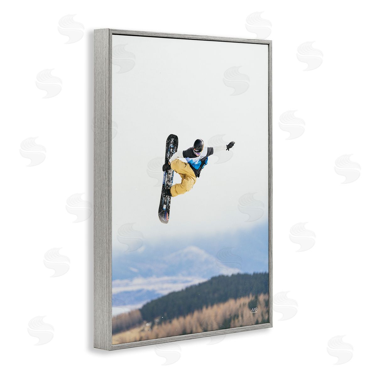 Catching Air Snowboarder Grey Frame Print Wall Art, Home Decor by Max Blakesberg Studios