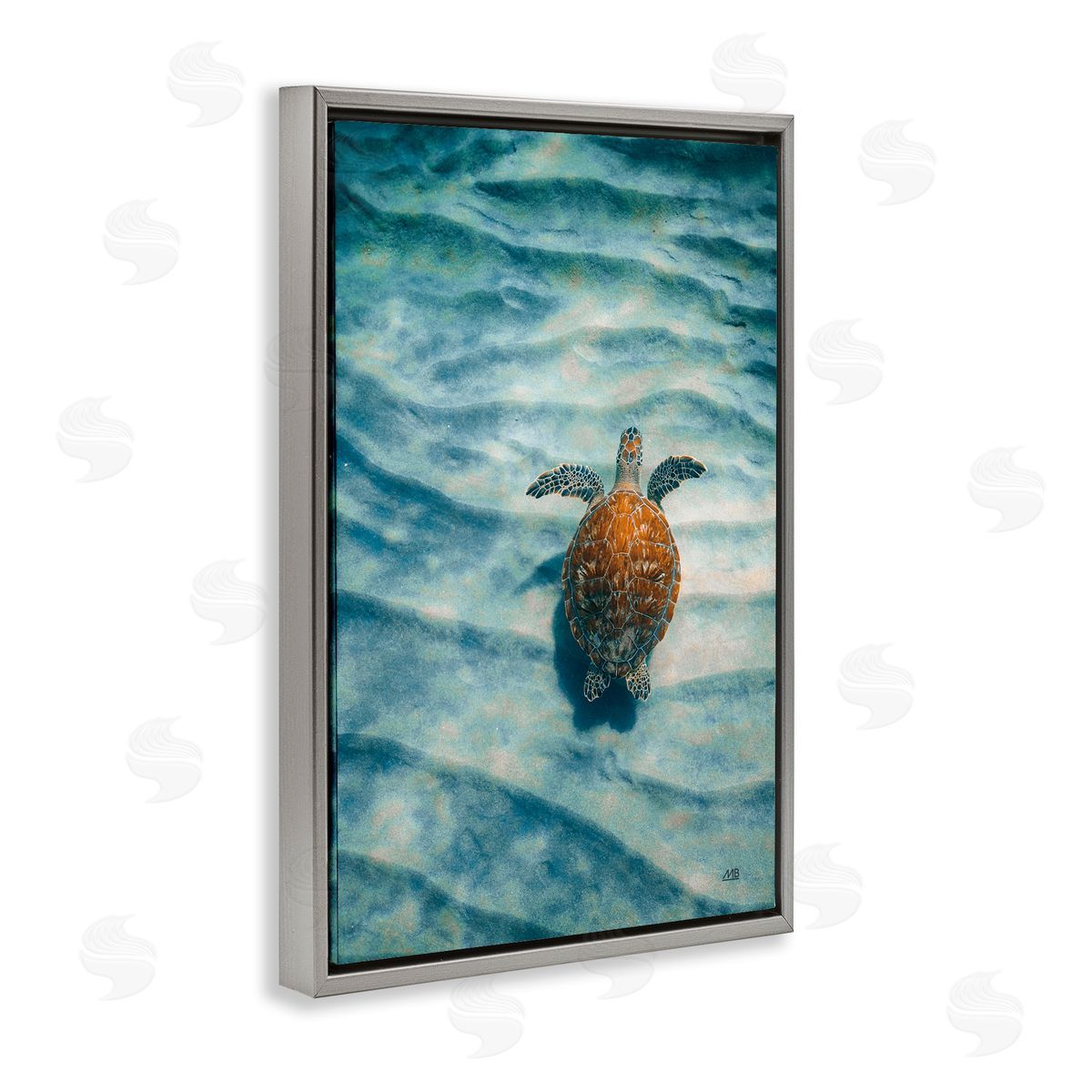 Turtle Along Rippling Sand Grey Floating Frame Canvas Wall Art, Home Decor by Max Blakesberg Studios