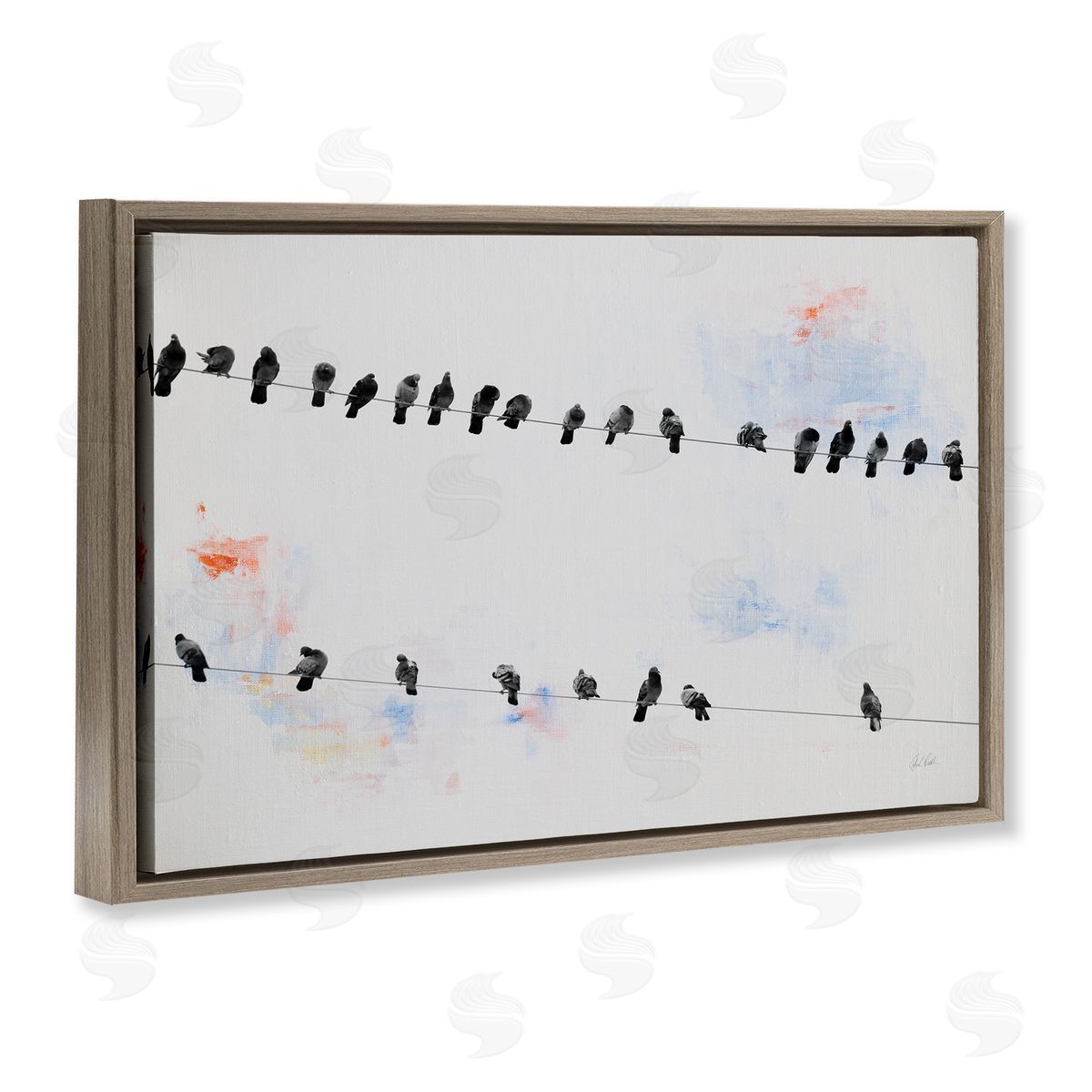 Migrating Birds on Wire Brown Floating Frame Canvas Wall Art, Home Decor by Deborah Revell