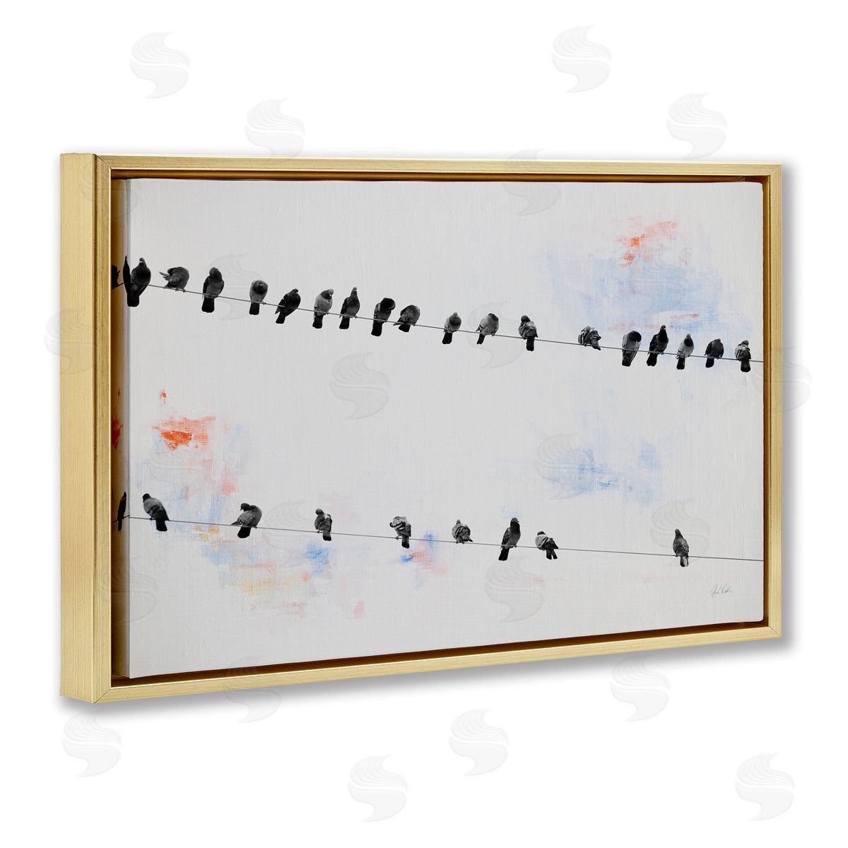 Migrating Birds on Wire Gold Floating Frame Canvas Wall Art, Home Decor by Deborah Revell