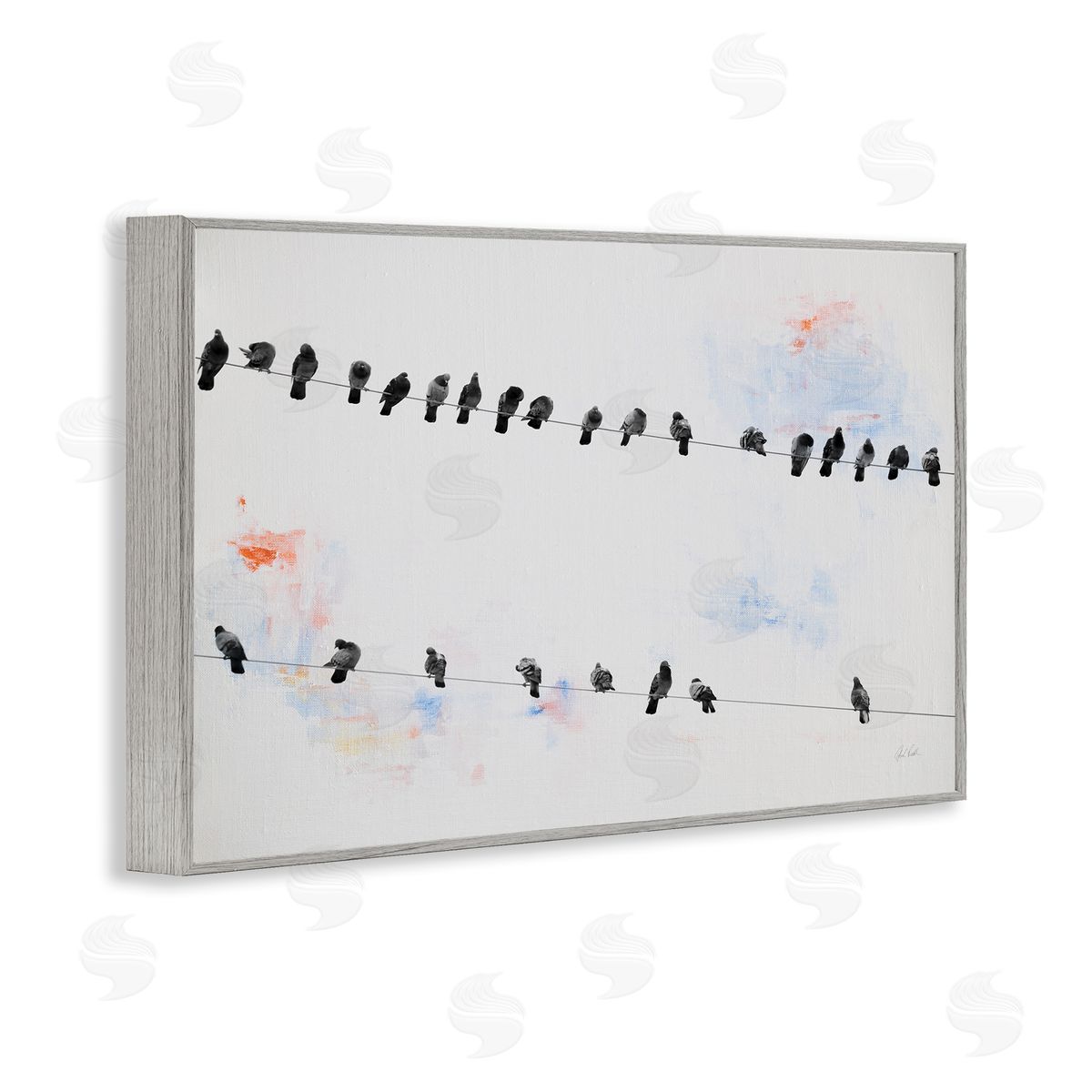 Migrating Birds on Wire Grey Frame Print Wall Art, Home Decor by Deborah Revell