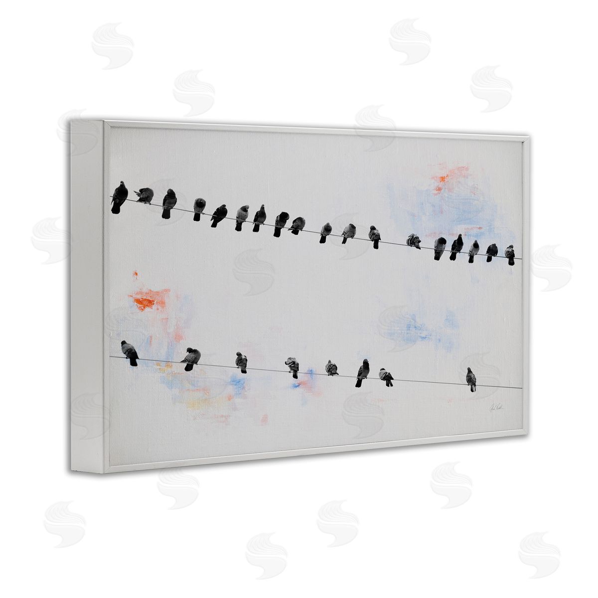 Migrating Birds on Wire White Frame Print Wall Art, Home Decor by Deborah Revell