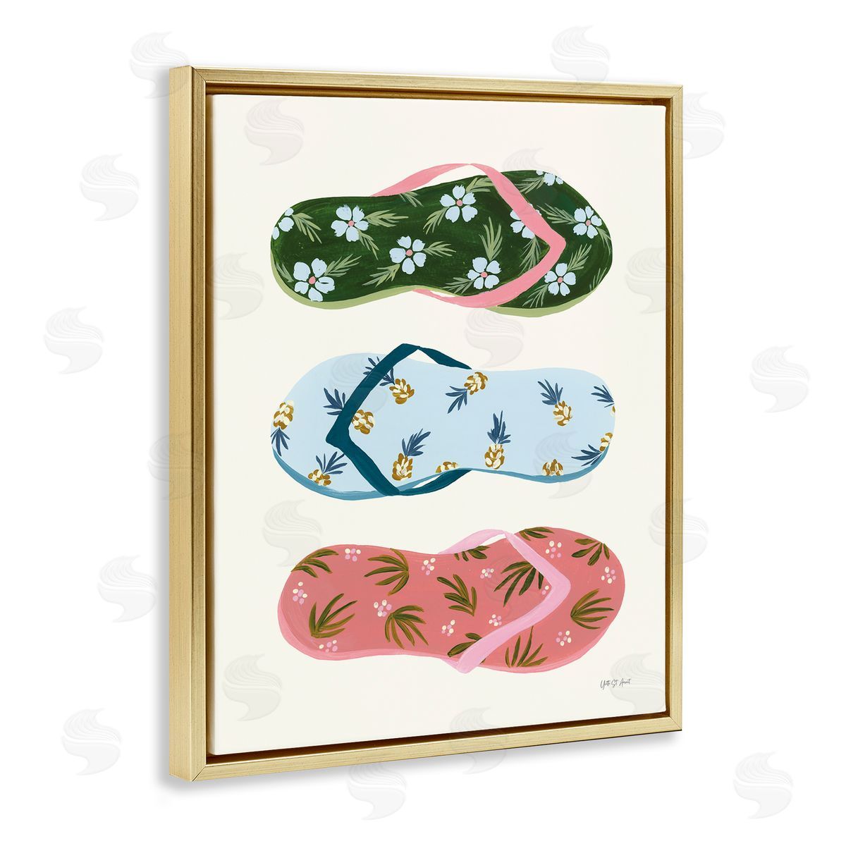 Tropical Flip Flops Gold Floating Frame Canvas Wall Art, Home Decor by Yvette St. Amant