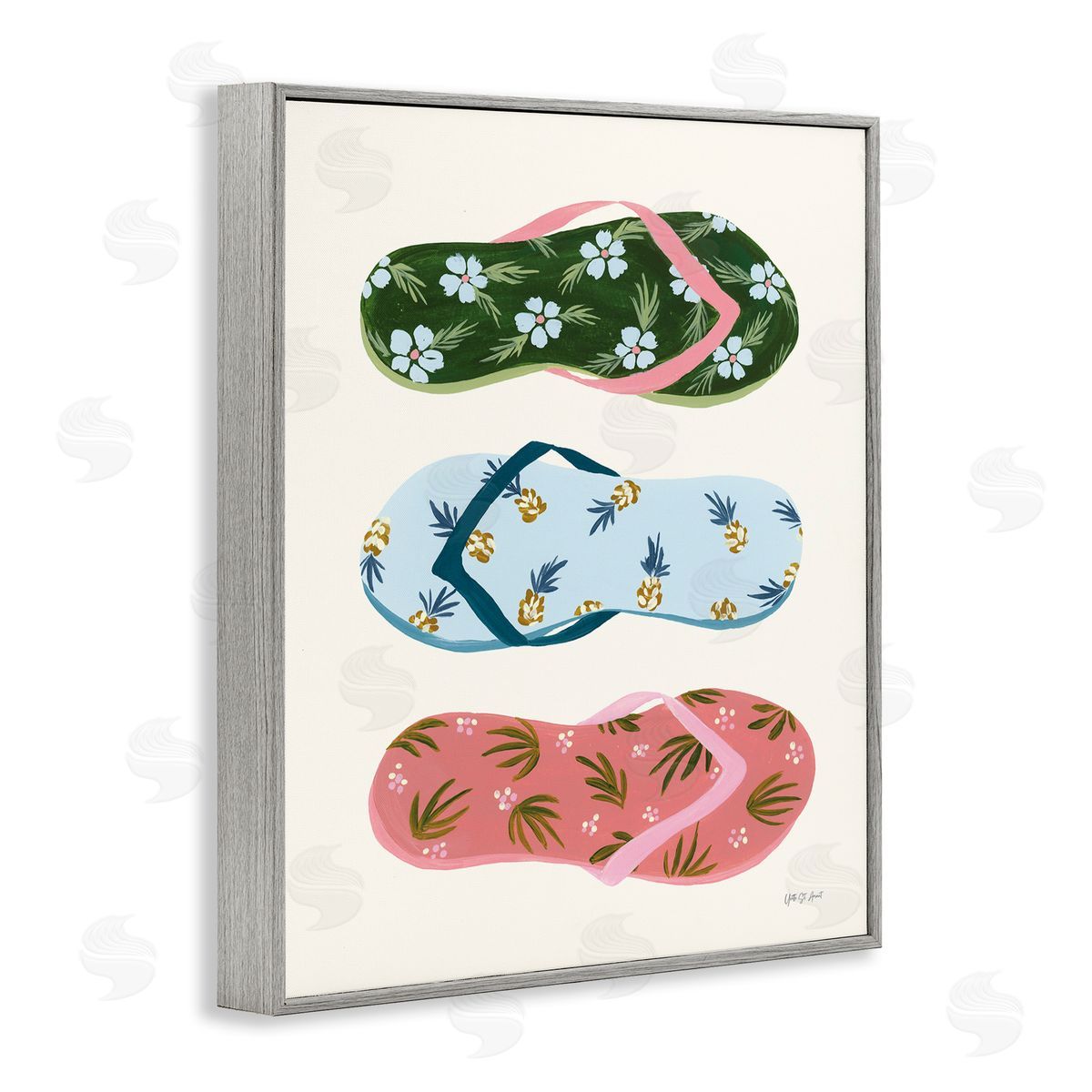 Tropical Flip Flops Grey Frame Print Wall Art, Home Decor by Yvette St. Amant