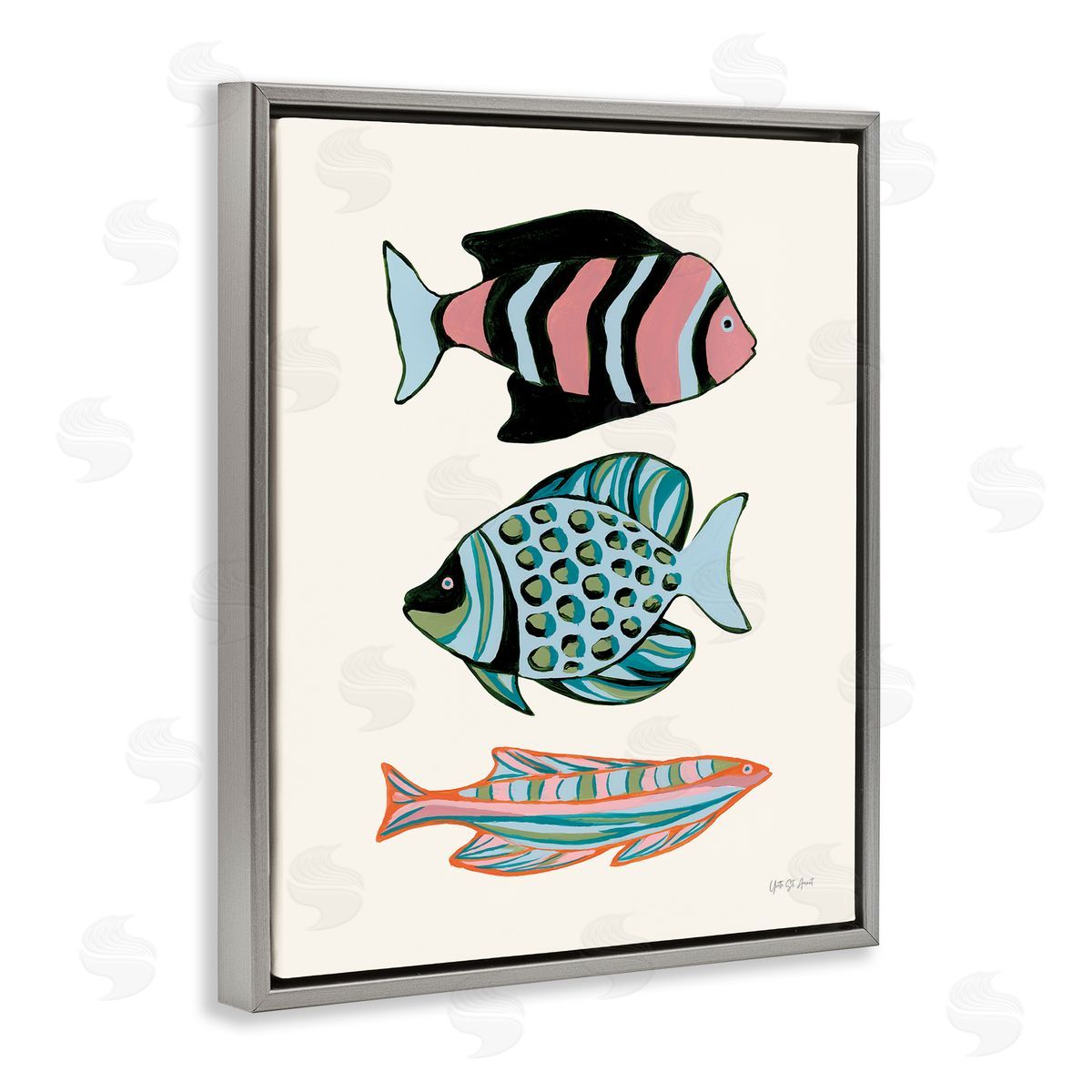 Tropical Fish Trio Grey Floating Frame Canvas Wall Art, Home Decor by Yvette St. Amant