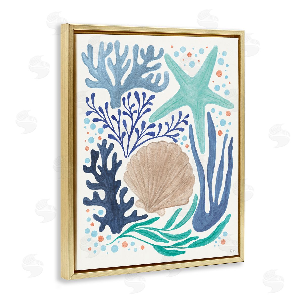 Aquatic Coastal Currents Gold Floating Frame Canvas Wall Art, Home Decor by Veronique Charron