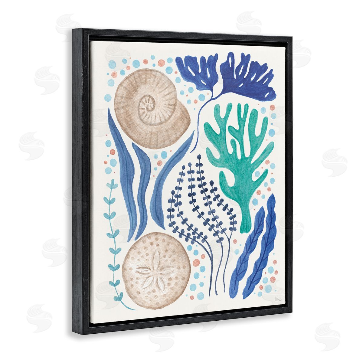 Scattered Marine Life Black Floating Frame Canvas Wall Art, Home Decor by Veronique Charron