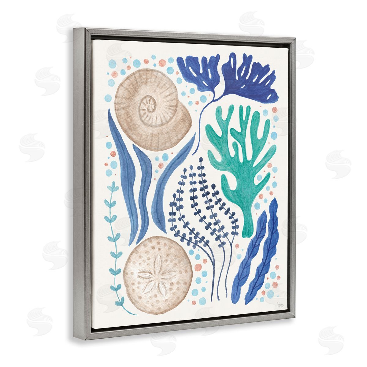 Scattered Marine Life Grey Floating Frame Canvas Wall Art, Home Decor by Veronique Charron
