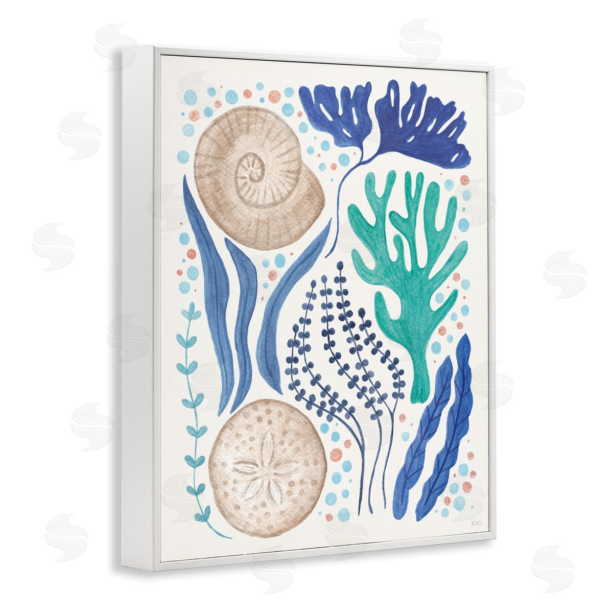 Scattered Marine Life White Frame Print Wall Art, Home Decor by Veronique Charron