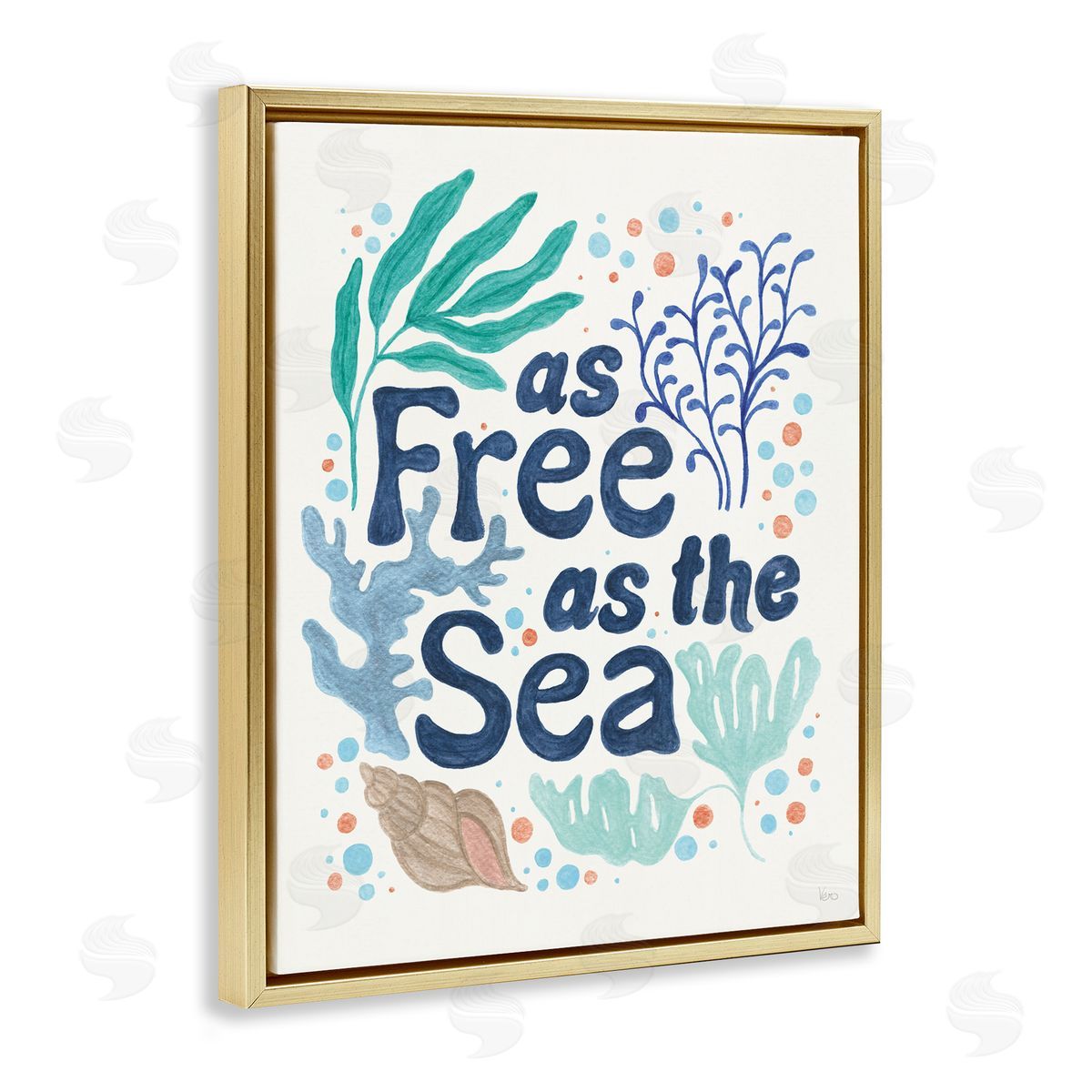 Nautical Free As Sea Gold Floating Frame Canvas Wall Art, Home Decor by Veronique Charron