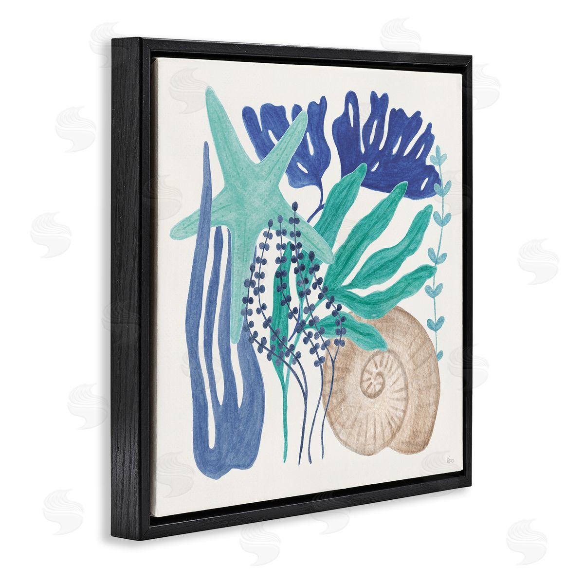 Layered Coastal Shells Black Floating Frame Canvas Wall Art, Home Decor by Veronique Charron
