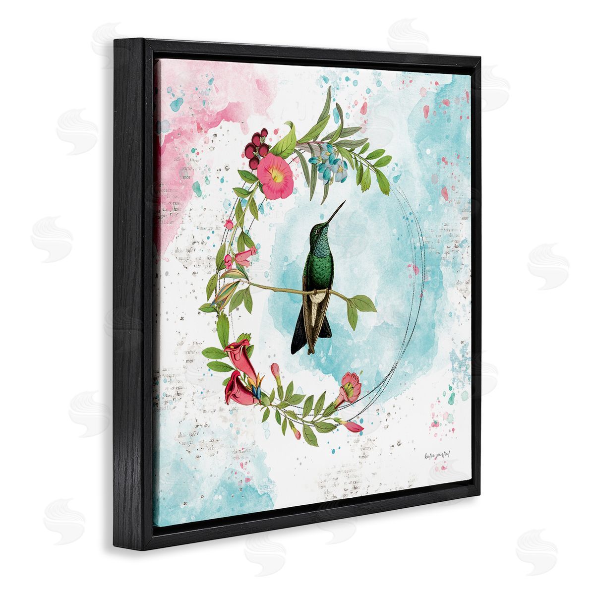 Hummingbird within Wreath Black Floating Frame Canvas Wall Art, Home Decor by Katie Pertiet