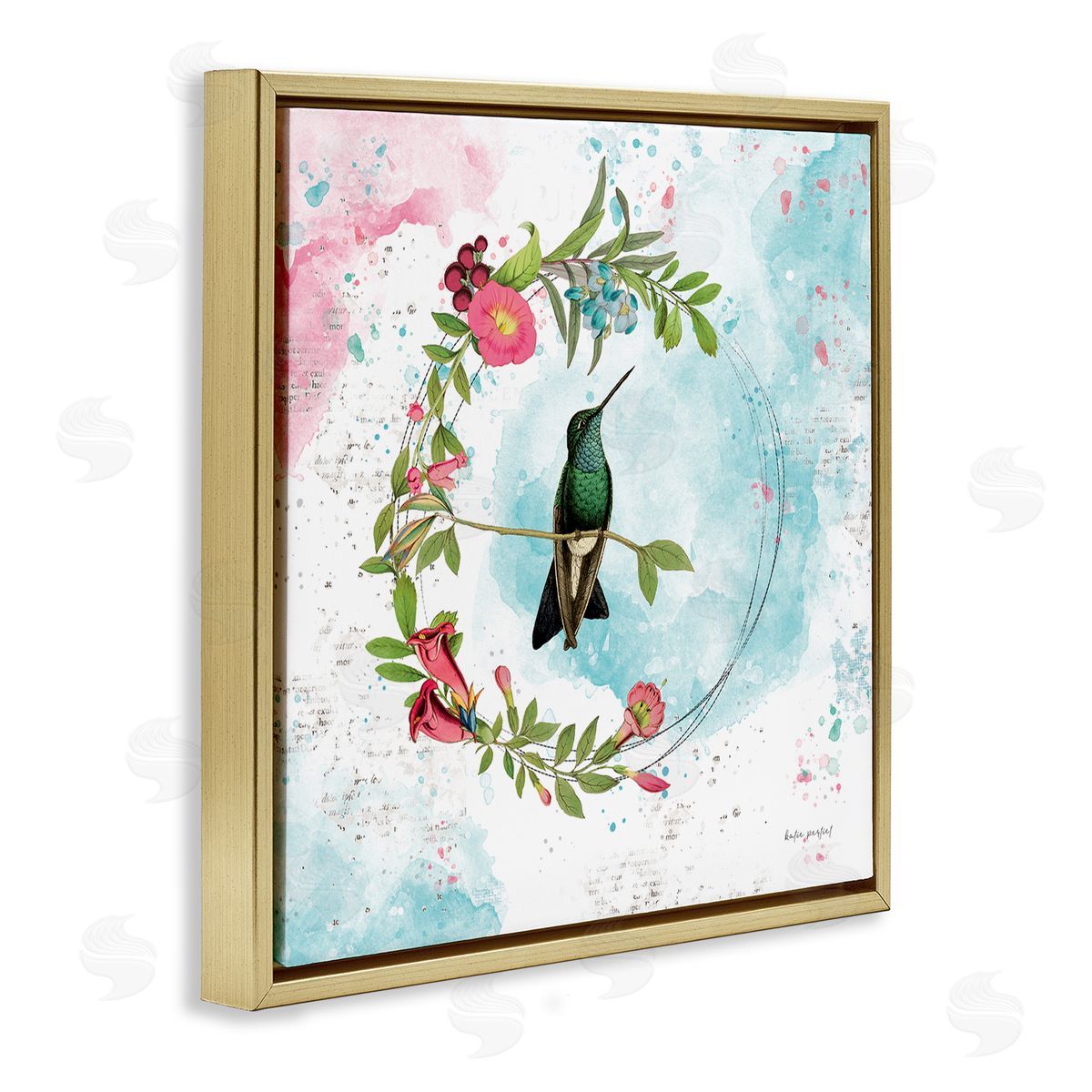 Hummingbird within Wreath Gold Floating Frame Canvas Wall Art, Home Decor by Katie Pertiet