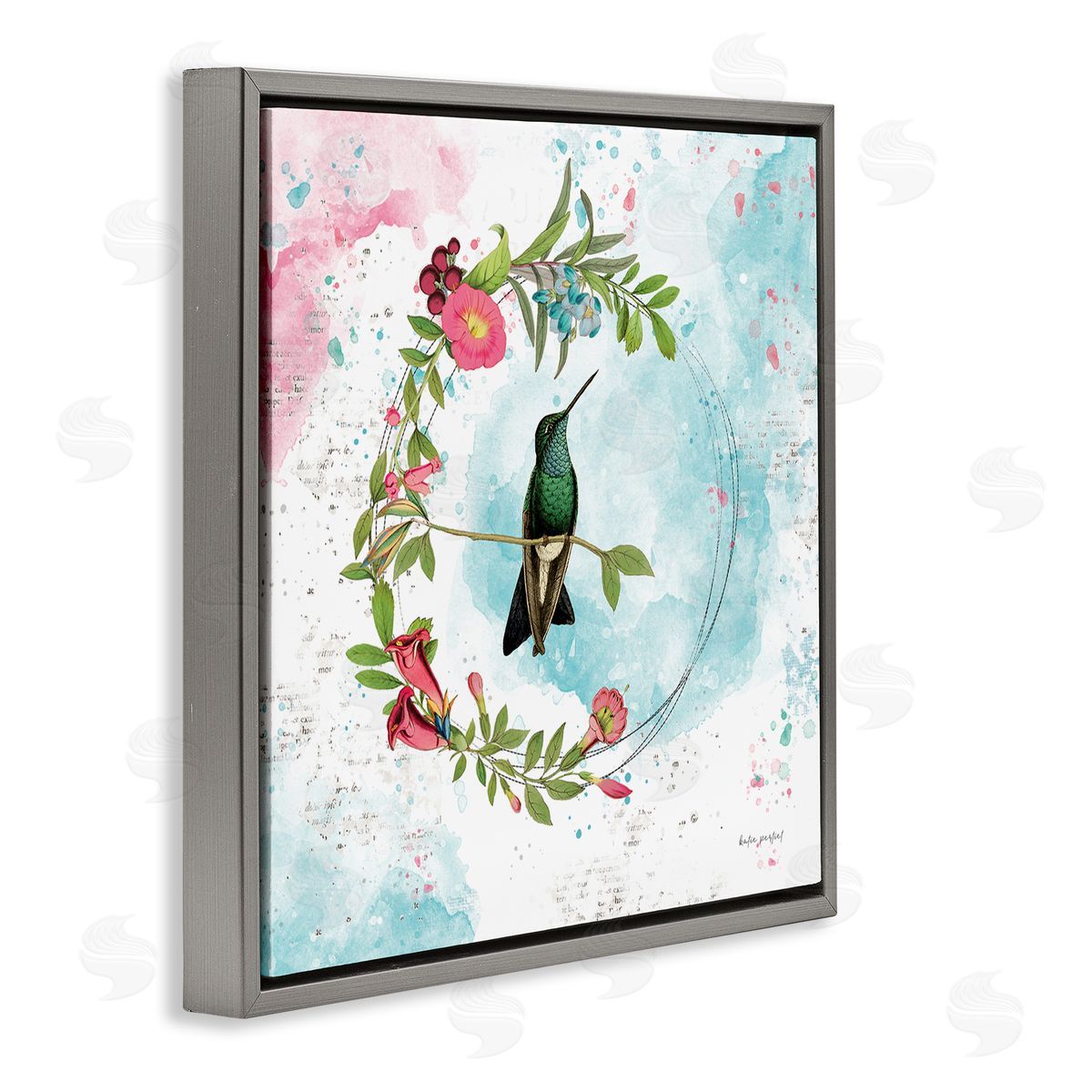 Hummingbird within Wreath Grey Floating Frame Canvas Wall Art, Home Decor by Katie Pertiet