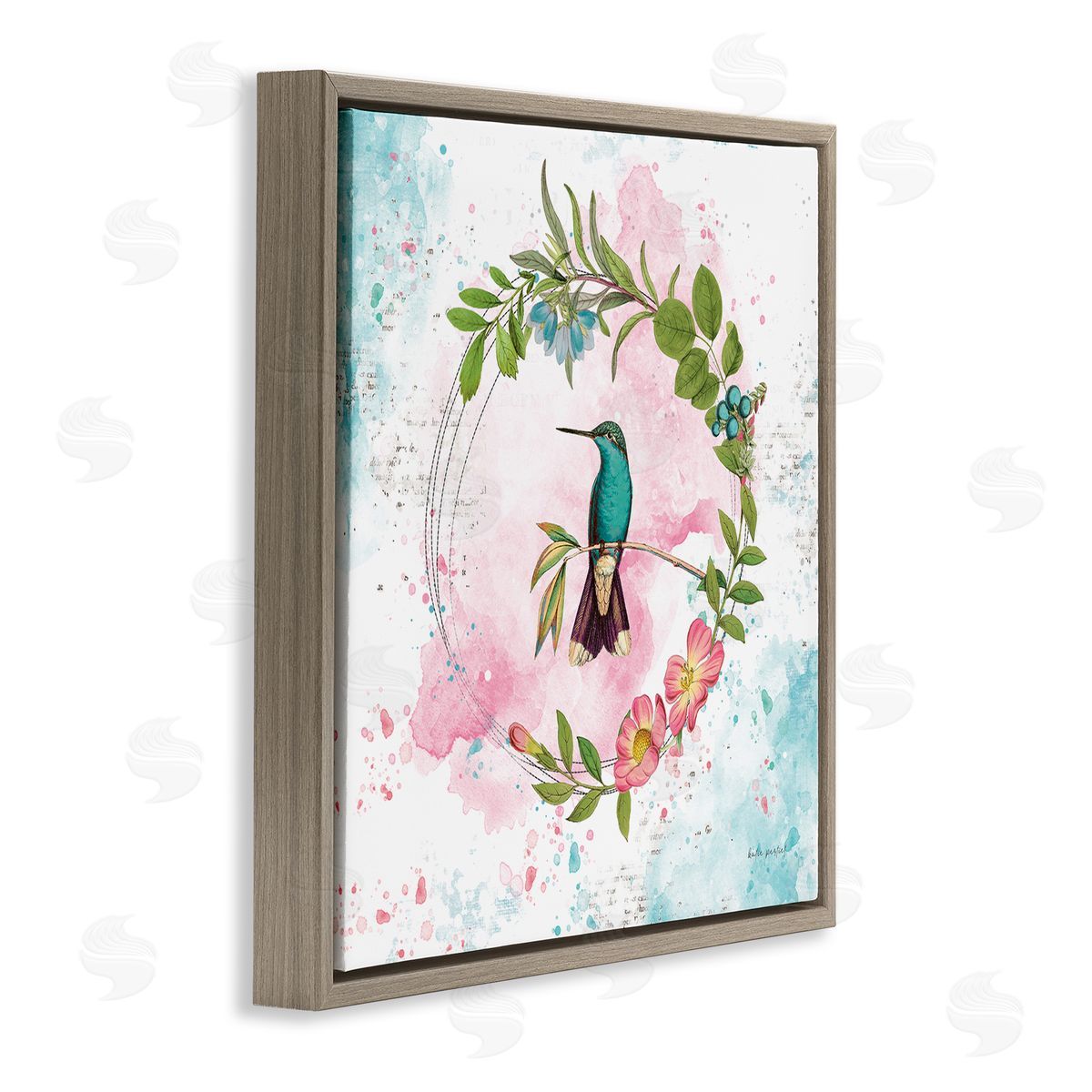 Delicate Hummingbird Wreath Brown Floating Frame Canvas Wall Art, Home Decor by Katie Pertiet