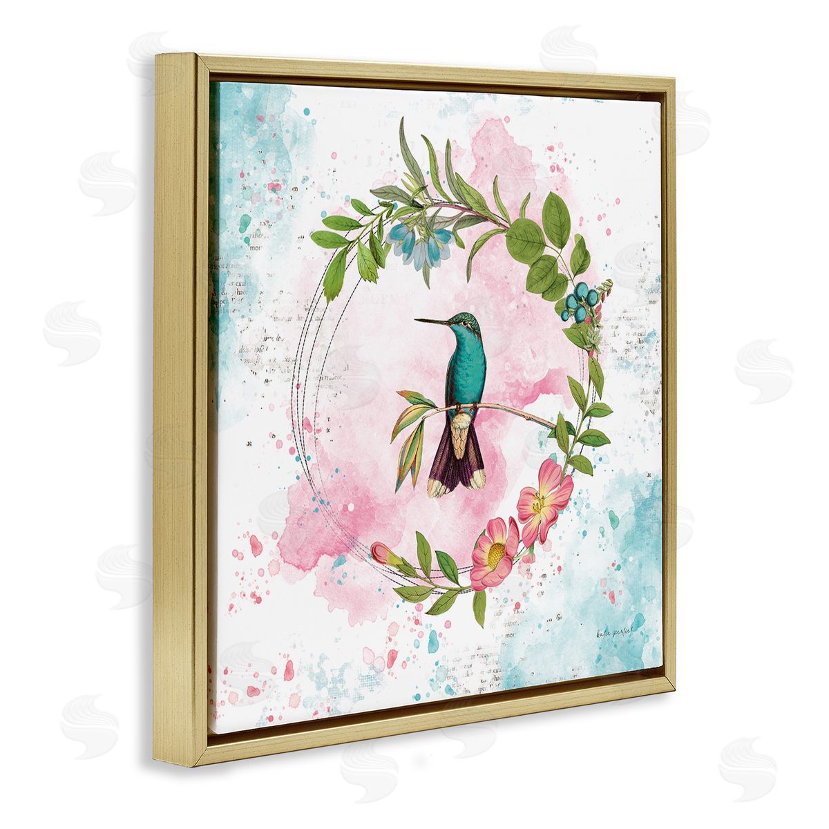 Delicate Hummingbird Wreath Gold Floating Frame Canvas Wall Art, Home Decor by Katie Pertiet