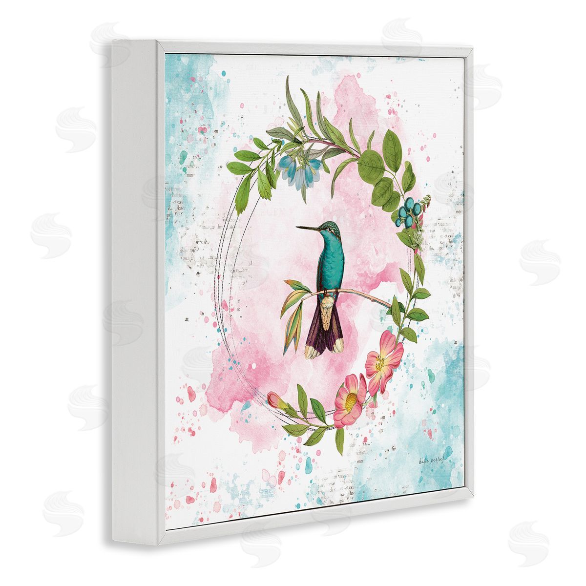 Delicate Hummingbird Wreath White Frame Print Wall Art, Home Decor by Katie Pertiet