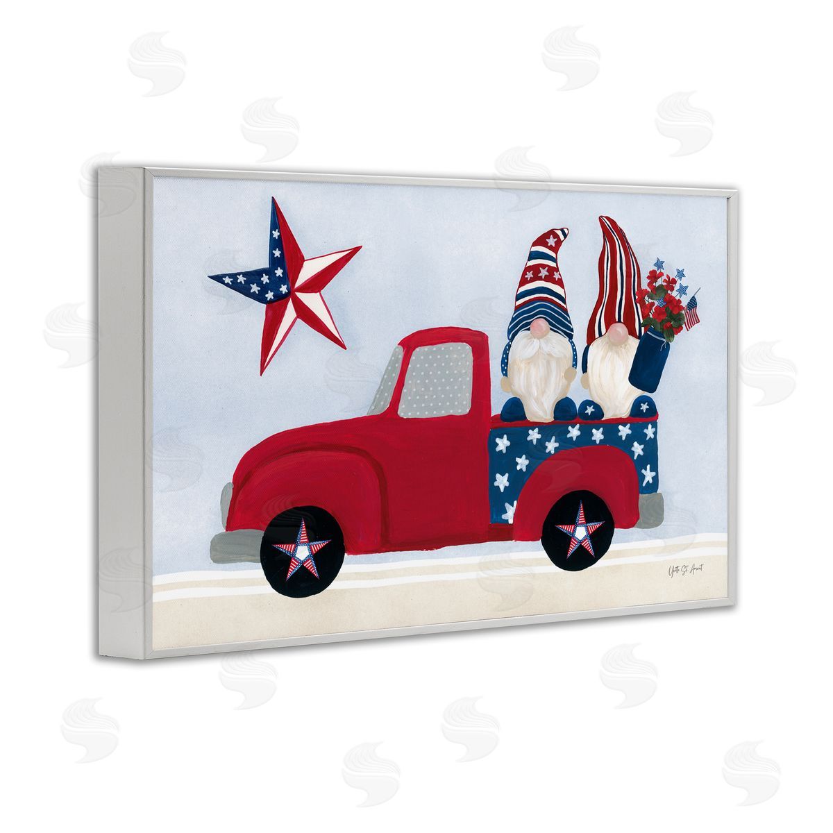 Patriotic Gnomes in Truck White Frame Print Wall Art, Home Decor by Yvette St. Amant