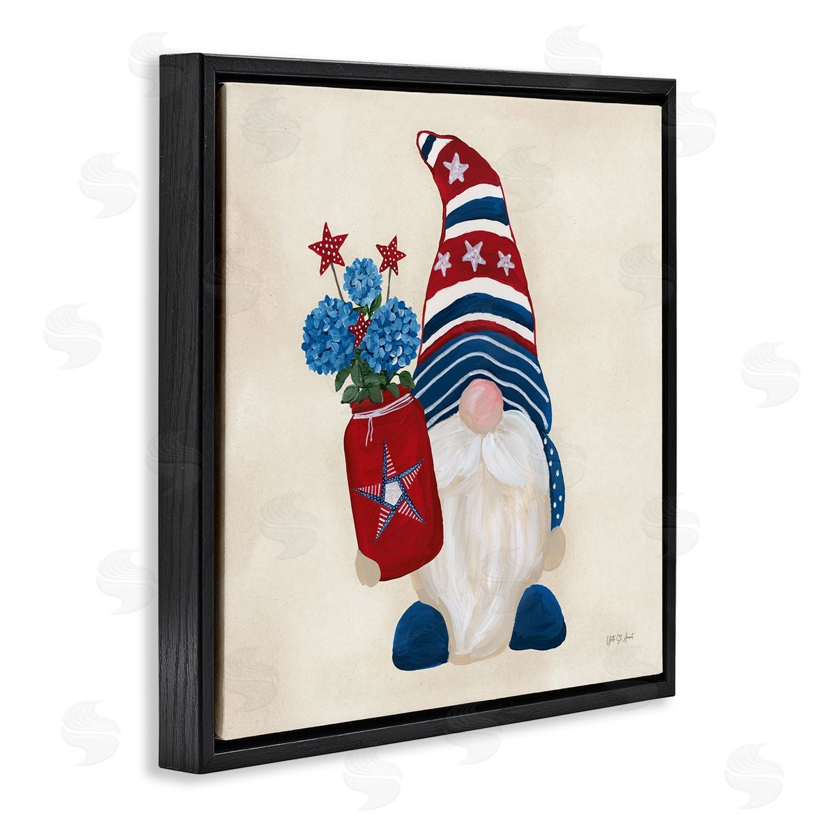 American Gnome with Flowers Black Floating Frame Canvas Wall Art, Home Decor by Yvette St. Amant