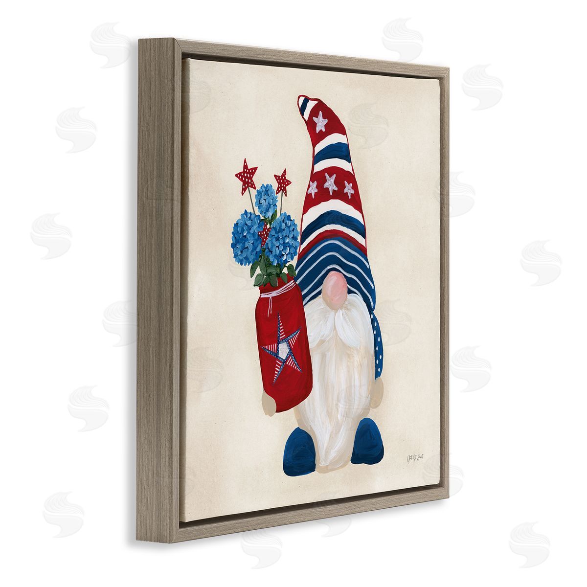 American Gnome with Flowers Brown Floating Frame Canvas Wall Art, Home Decor by Yvette St. Amant