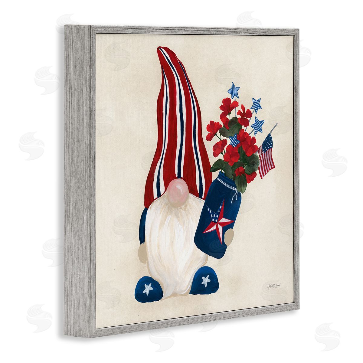 Patriotic Gnome & Flowers Grey Frame Print Wall Art, Home Decor by Yvette St. Amant