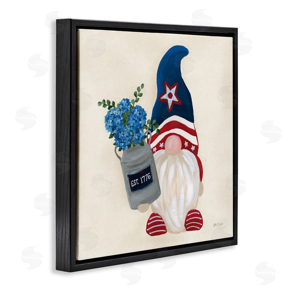 Gnome & Americana Bouquet Black Floating Frame Canvas Wall Art, Home Decor by Yvette St. Amant