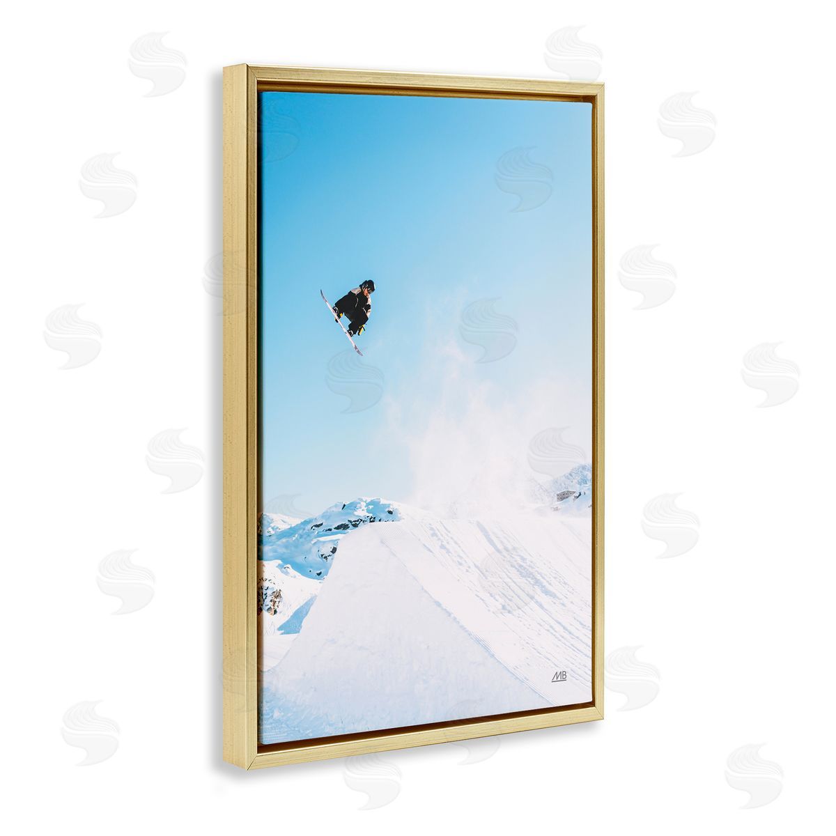 Snow Day Snowboarder Gold Floating Frame Canvas Wall Art, Home Decor by Max Blakesberg Studios