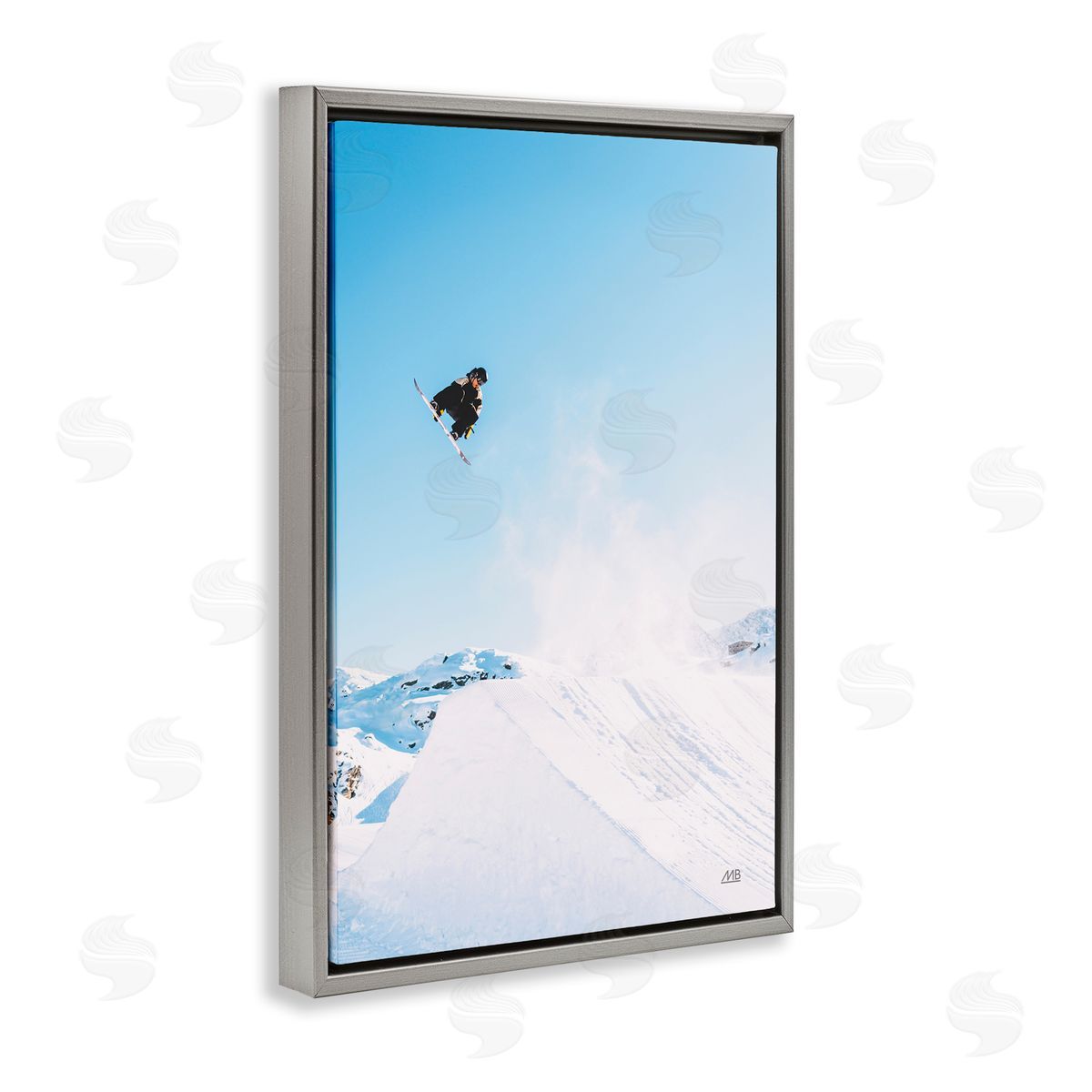 Snow Day Snowboarder Grey Floating Frame Canvas Wall Art, Home Decor by Max Blakesberg Studios