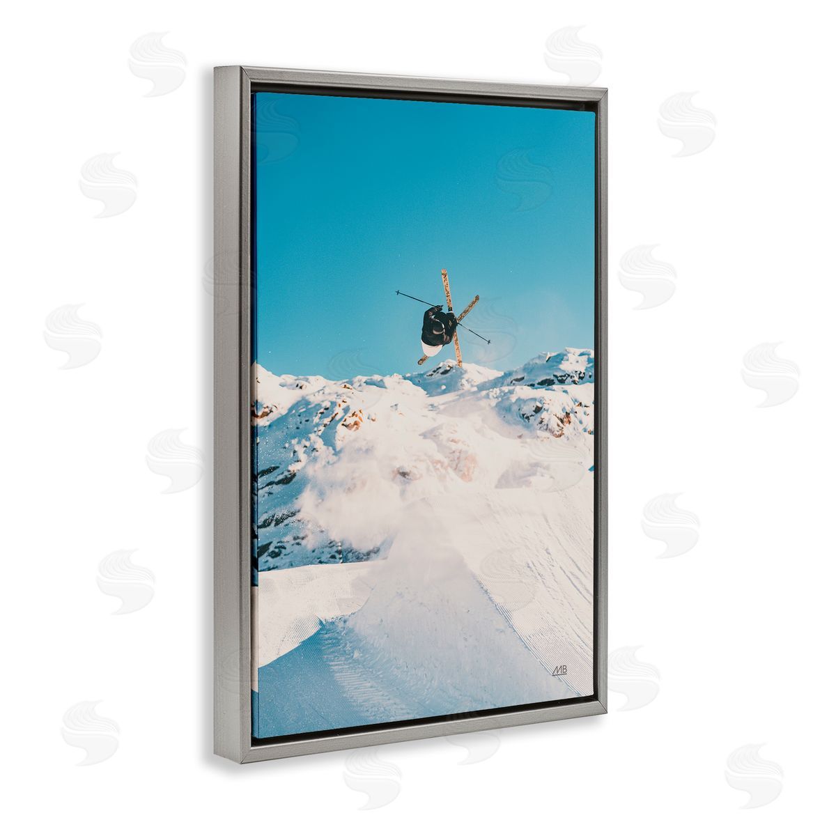 Snow Day Skiing Grey Floating Frame Canvas Wall Art, Home Decor by Max Blakesberg Studios