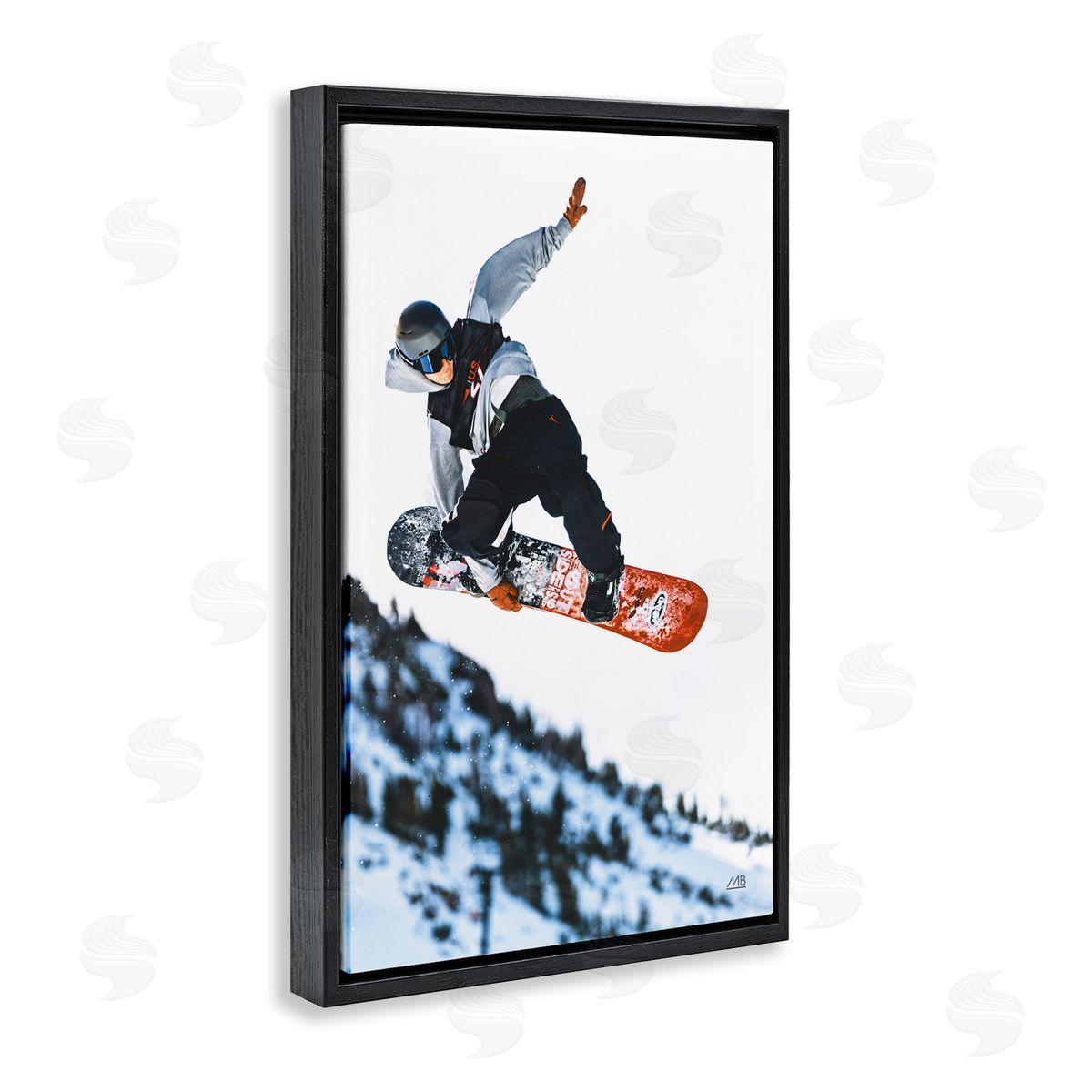 Winter Snowboard Jumps Black Floating Frame Canvas Wall Art, Home Decor by Max Blakesberg Studios