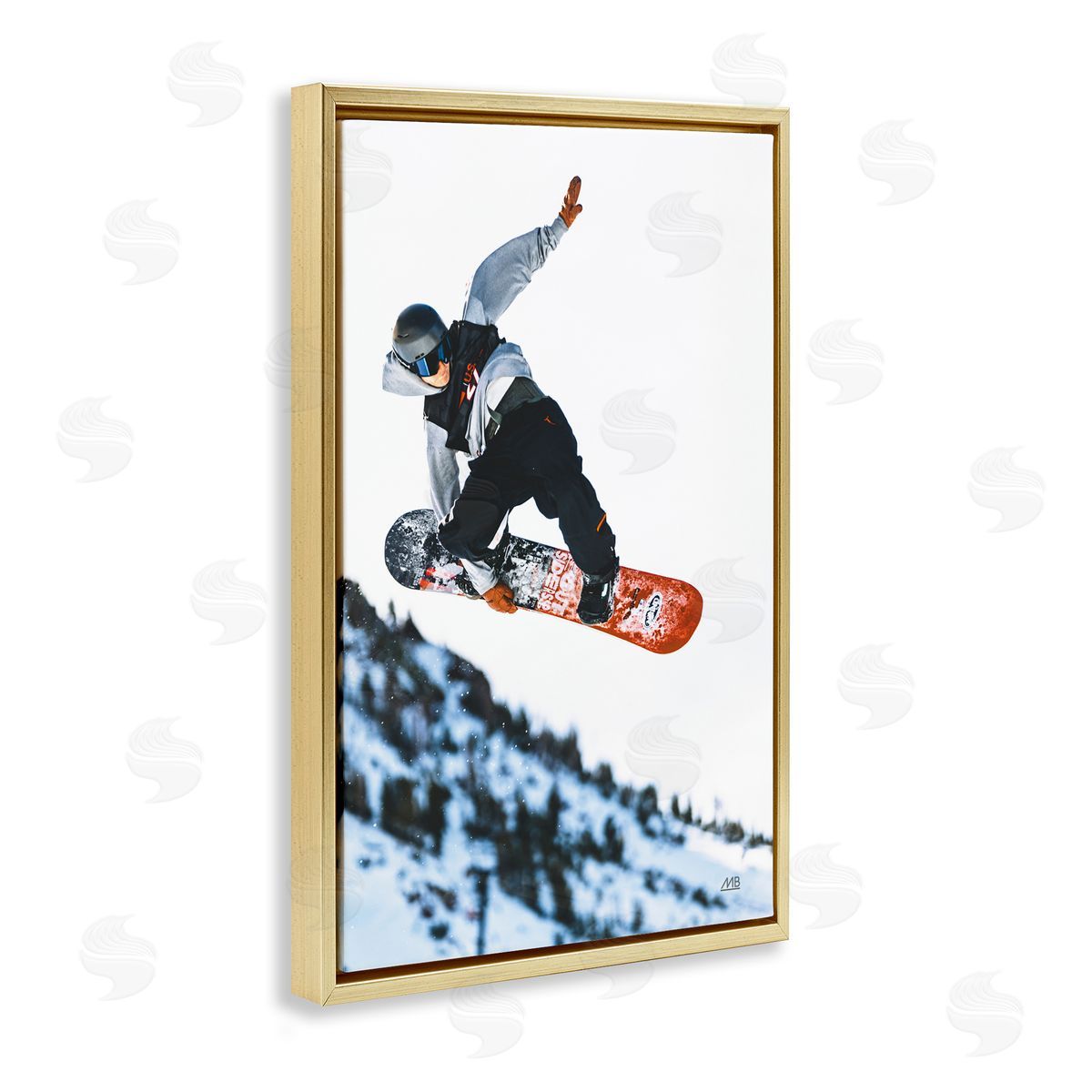 Winter Snowboard Jumps Gold Floating Frame Canvas Wall Art, Home Decor by Max Blakesberg Studios