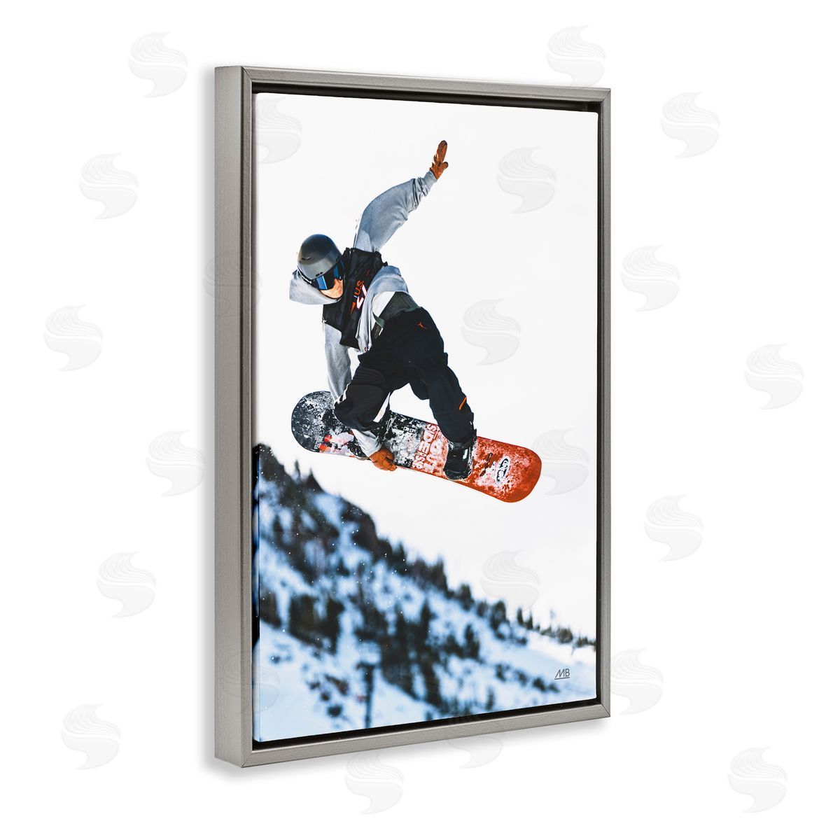 Winter Snowboard Jumps Grey Floating Frame Canvas Wall Art, Home Decor by Max Blakesberg Studios
