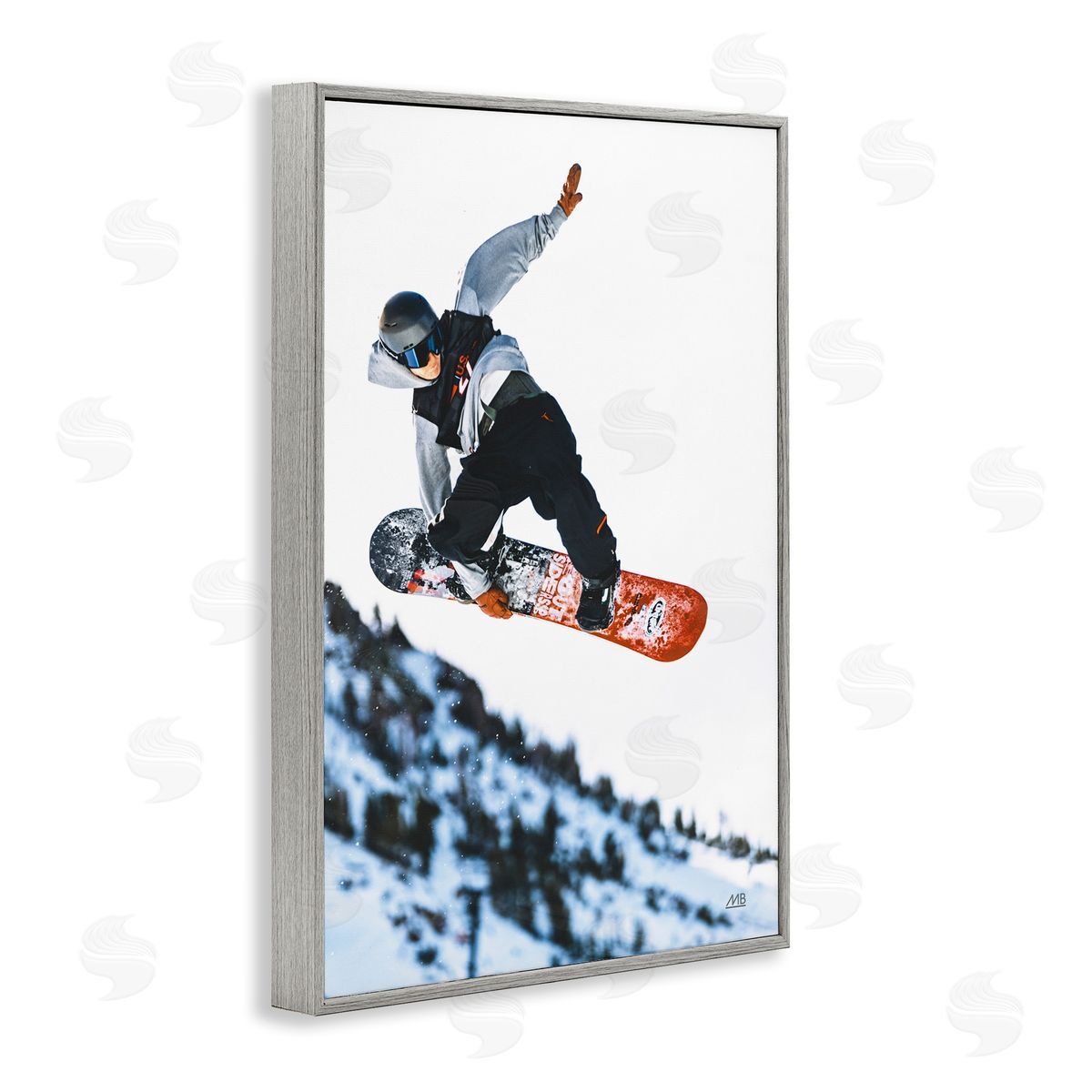 Winter Snowboard Jumps Grey Frame Print Wall Art, Home Decor by Max Blakesberg Studios