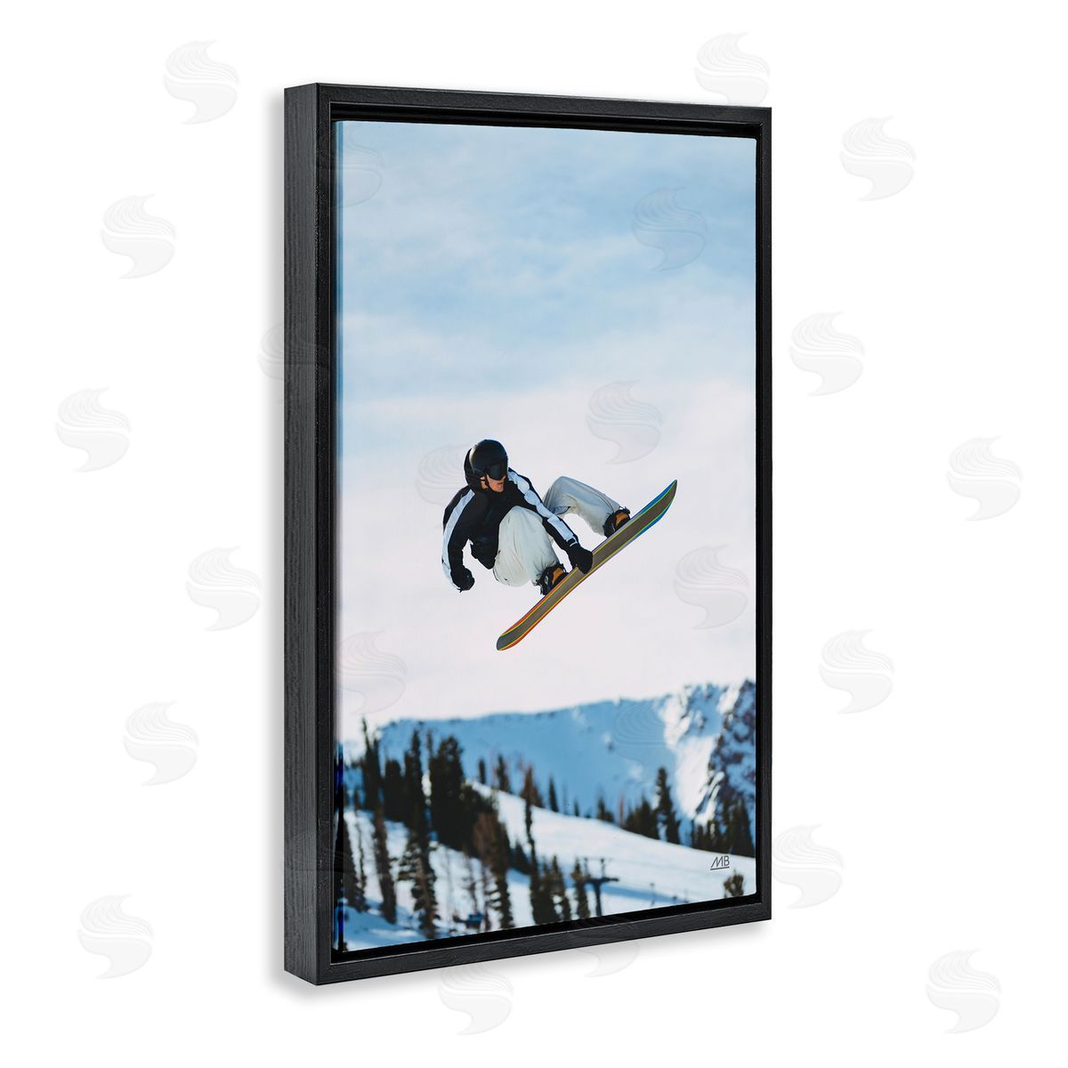 Snowboarder Air Tricks Black Floating Frame Canvas Wall Art, Home Decor by Max Blakesberg Studios