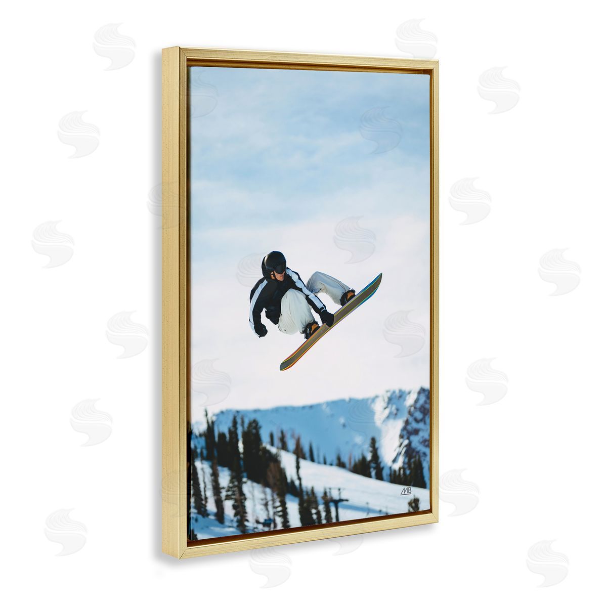 Snowboarder Air Tricks Gold Floating Frame Canvas Wall Art, Home Decor by Max Blakesberg Studios