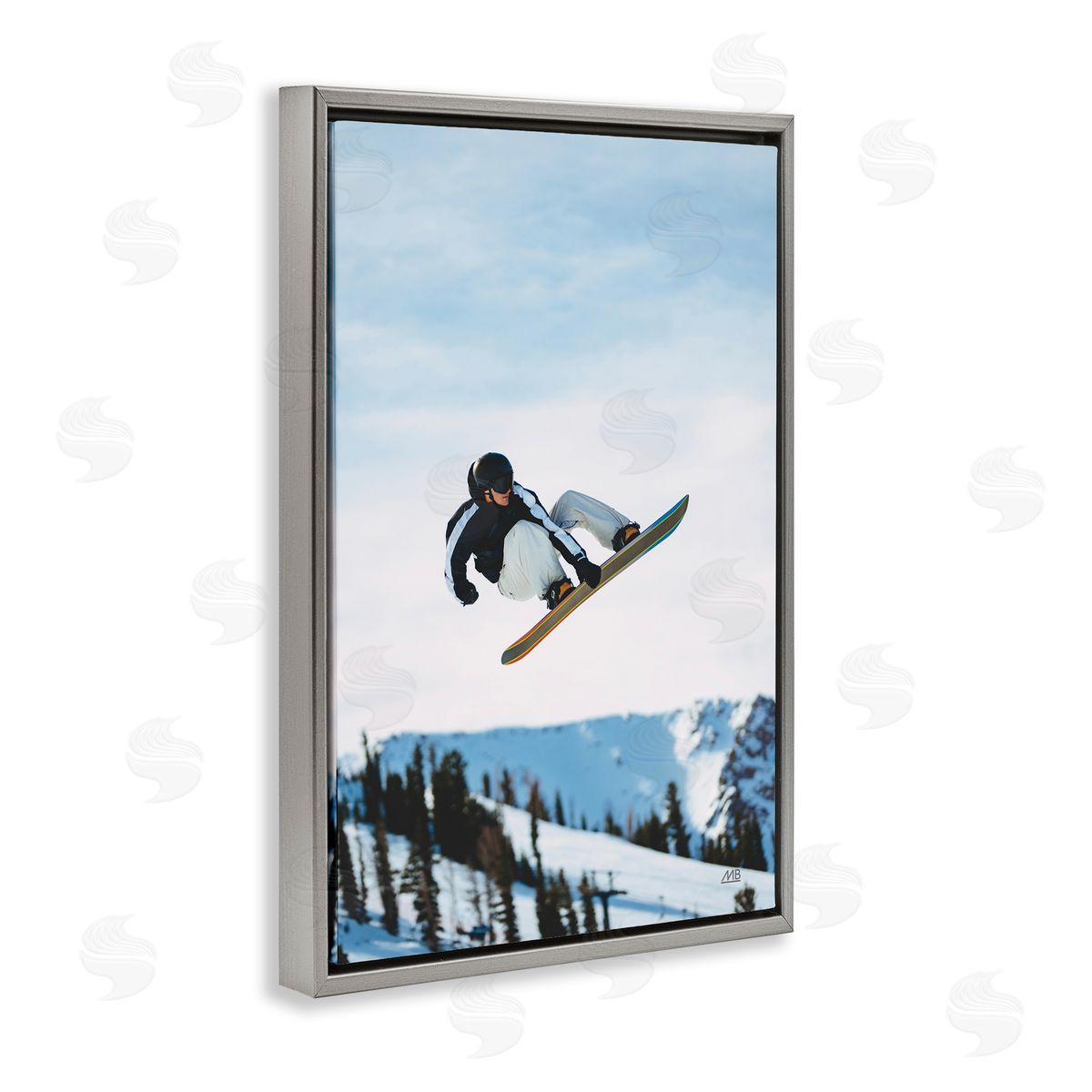 Snowboarder Air Tricks Grey Floating Frame Canvas Wall Art, Home Decor by Max Blakesberg Studios