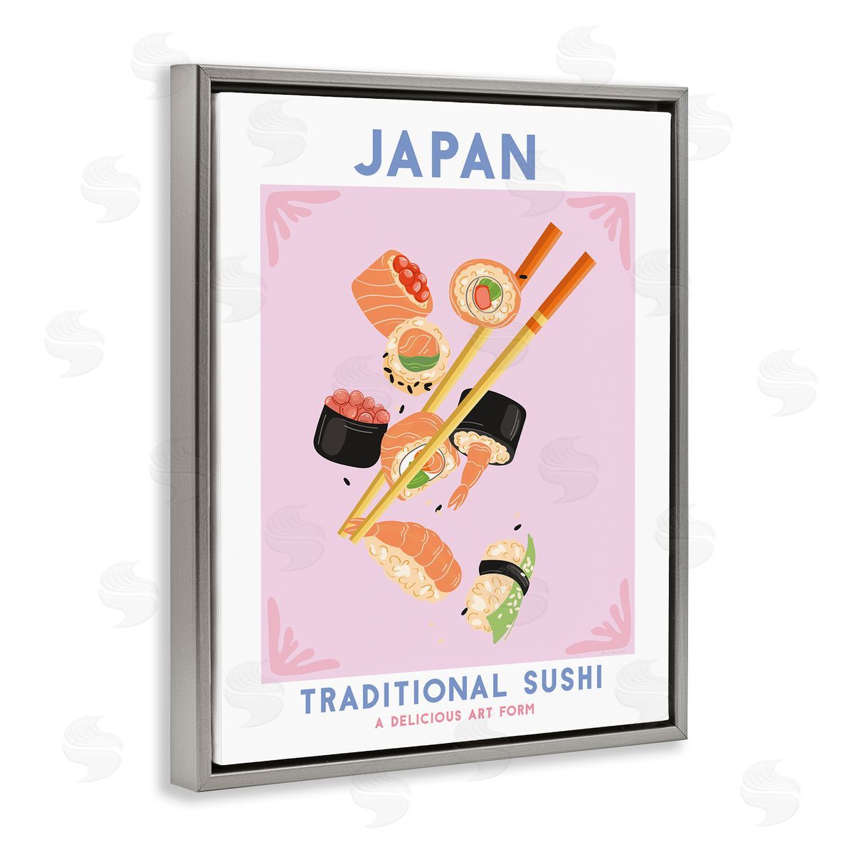 Japanese Traditional Sushi Grey Floating Frame Canvas Wall Art, Home Decor by Omar Escalante