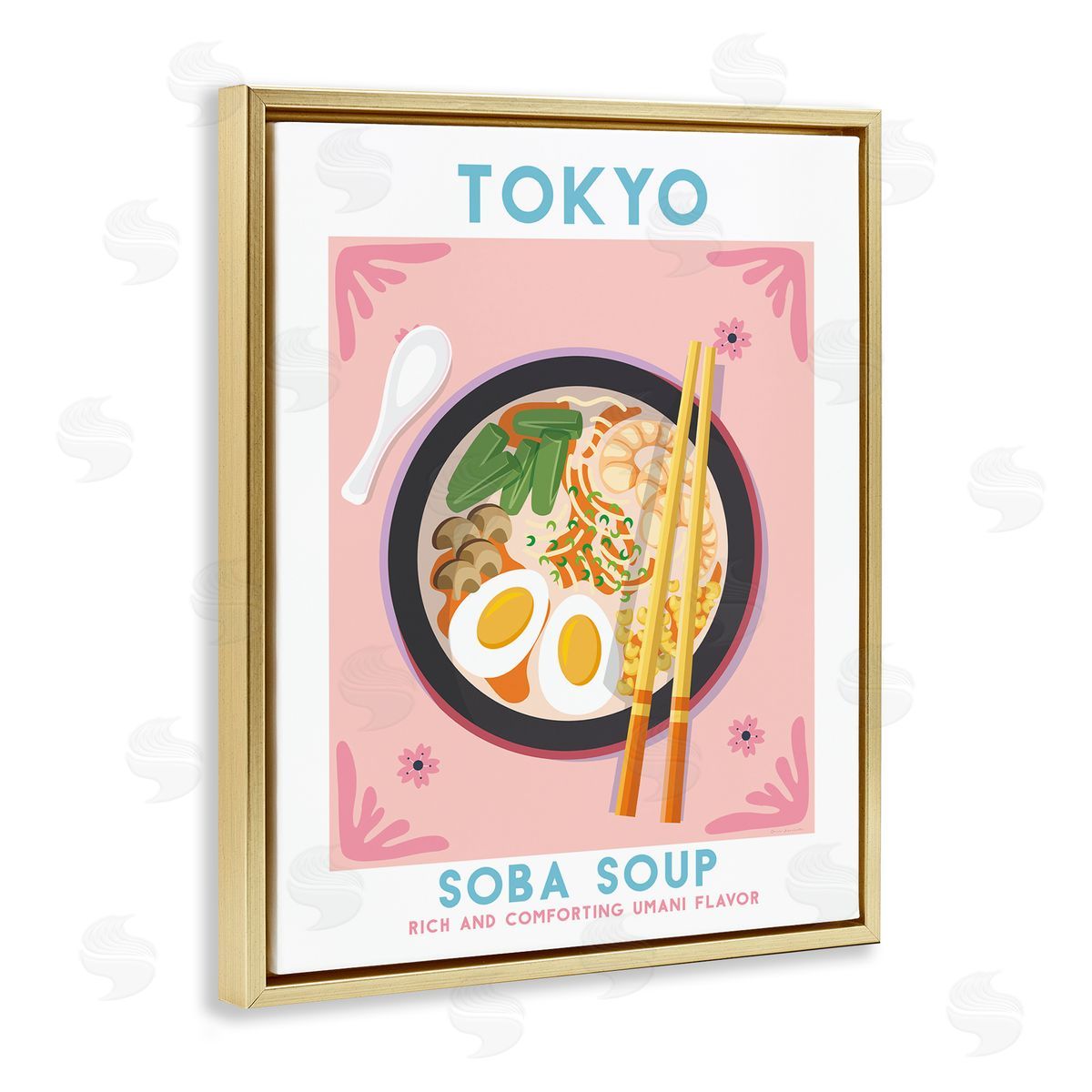 Tokyo Soba Soup Gold Floating Frame Canvas Wall Art, Home Decor by Omar Escalante
