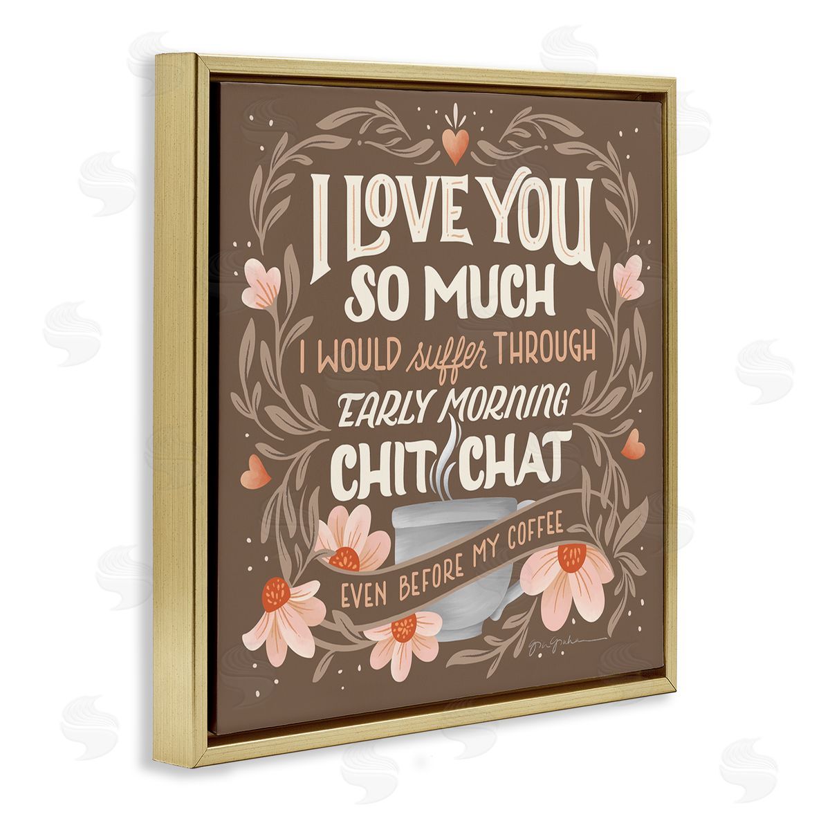 Chat Before Coffee Humor Gold Floating Frame Canvas Wall Art, Home Decor by Gia Graham