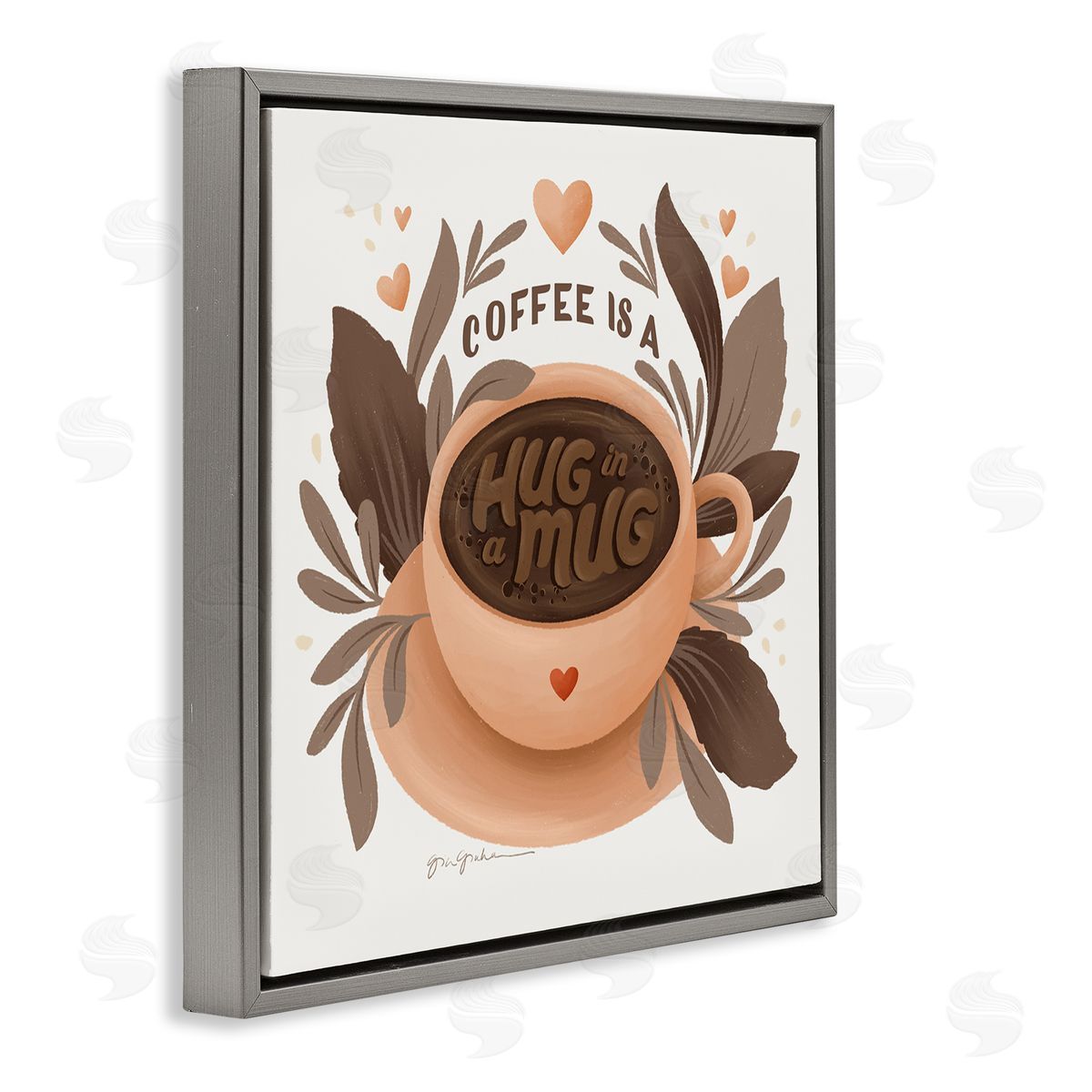 Coffee Is Hug in Mug Grey Floating Frame Canvas Wall Art, Home Decor by Gia Graham