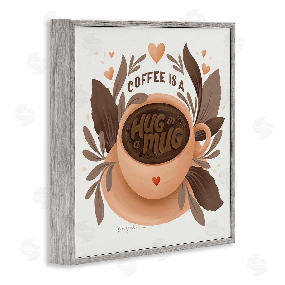 Coffee Is Hug in Mug Grey Frame Print Wall Art, Home Decor by Gia Graham