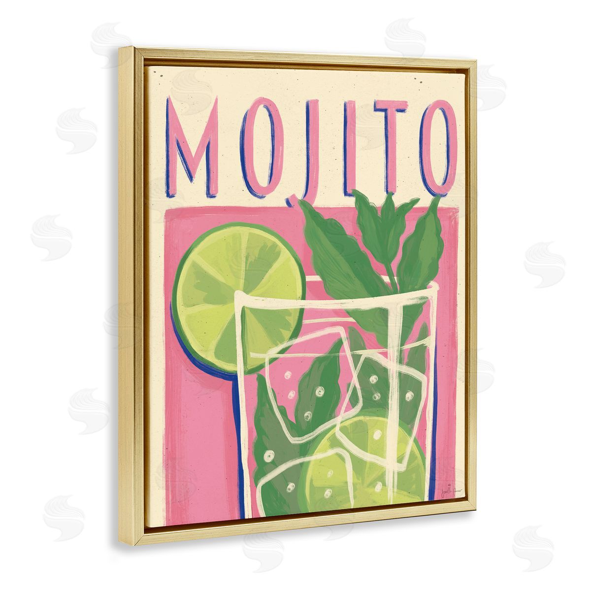 Retro Mojito Cocktail Gold Floating Frame Canvas Wall Art, Home Decor by Janelle Penner