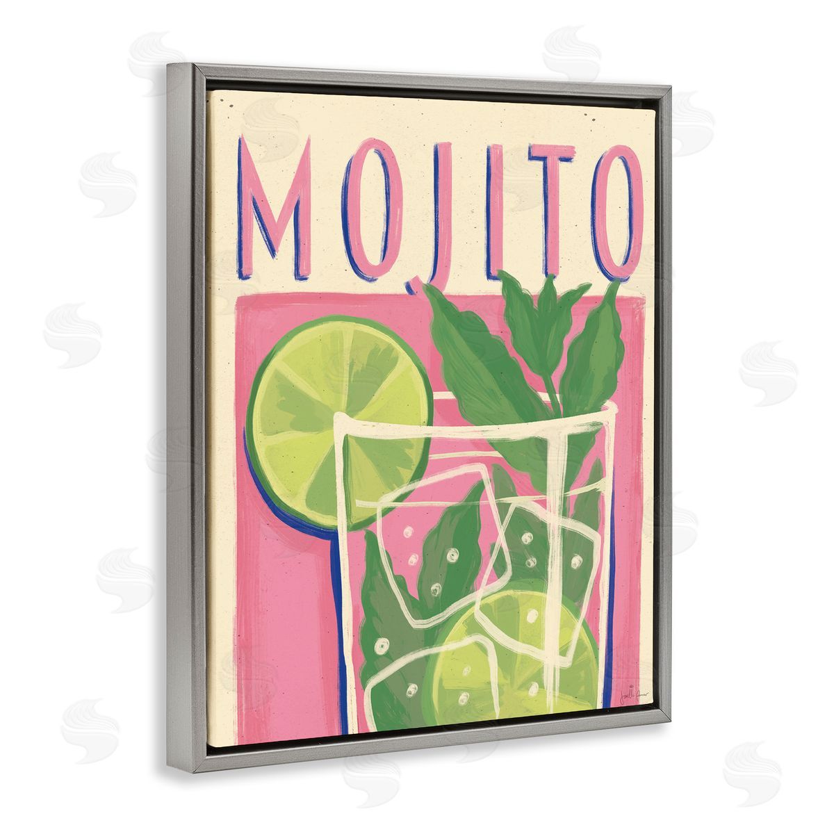 Retro Mojito Cocktail Grey Floating Frame Canvas Wall Art, Home Decor by Janelle Penner