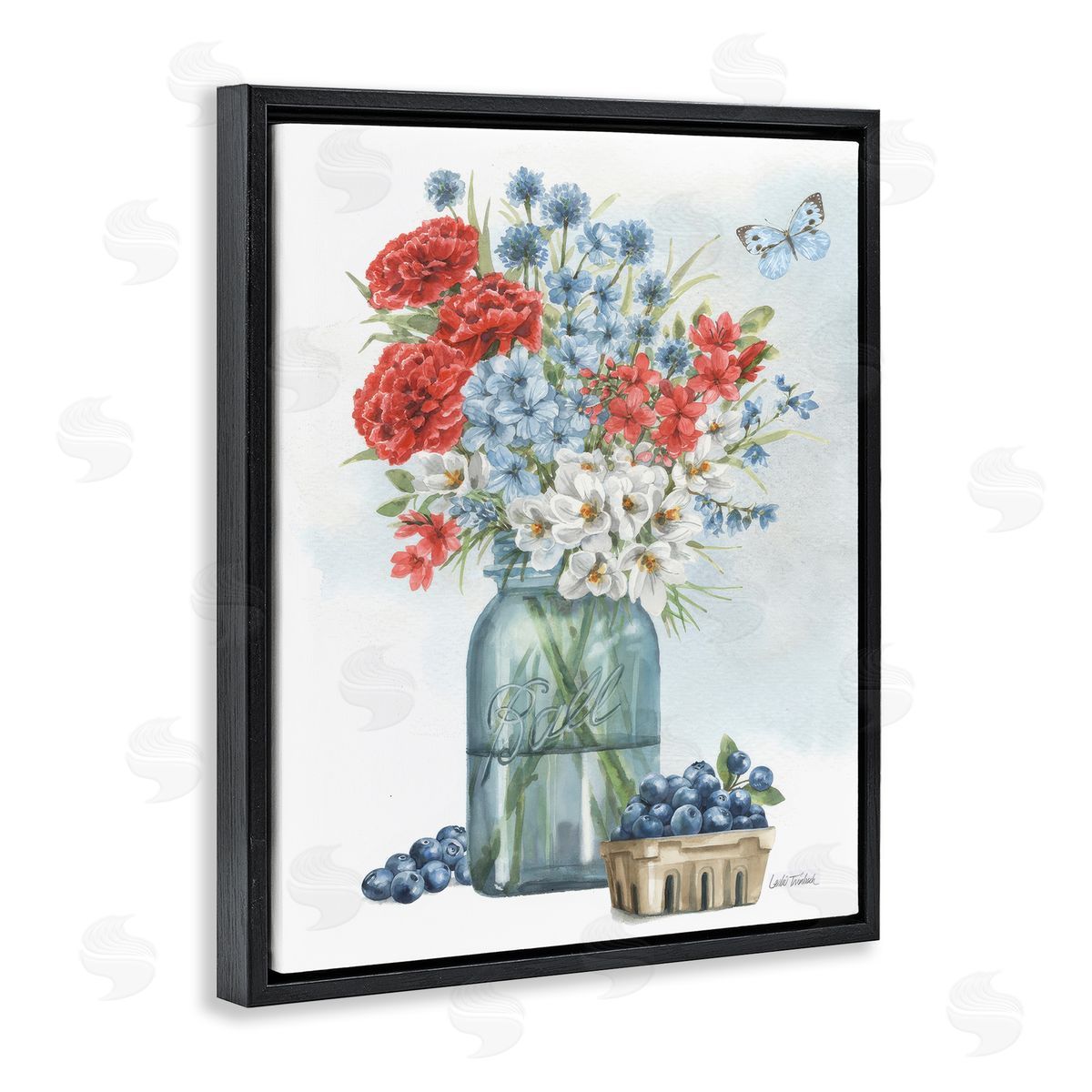 Country Blossoms & Blueberries Black Floating Frame Canvas Wall Art, Home Decor by Leslie Trimbach